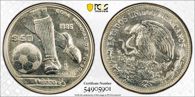 1985-Mo 50 Peso '86 World Cup - Kicking Ball KM-498 Ag MS67