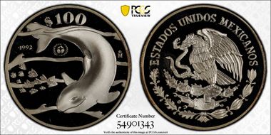 1992-Mo 100 P Vaquita Porpoise KM-566  Ag PR67DCAM