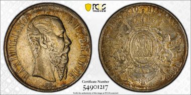 1866-Mo Peso Maximilian KM-388.1  Ag AU58