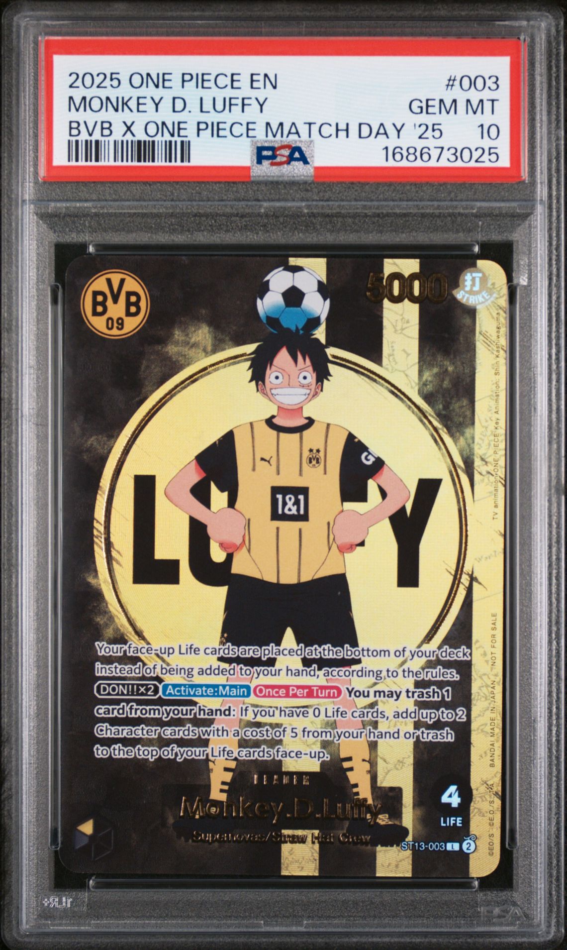 2025 One Piece Promos Monkey D. Luffy #003 (Bvb X One Piece Match Day '25) Gem Mt 10 front view - PSA graded GEM MT 10