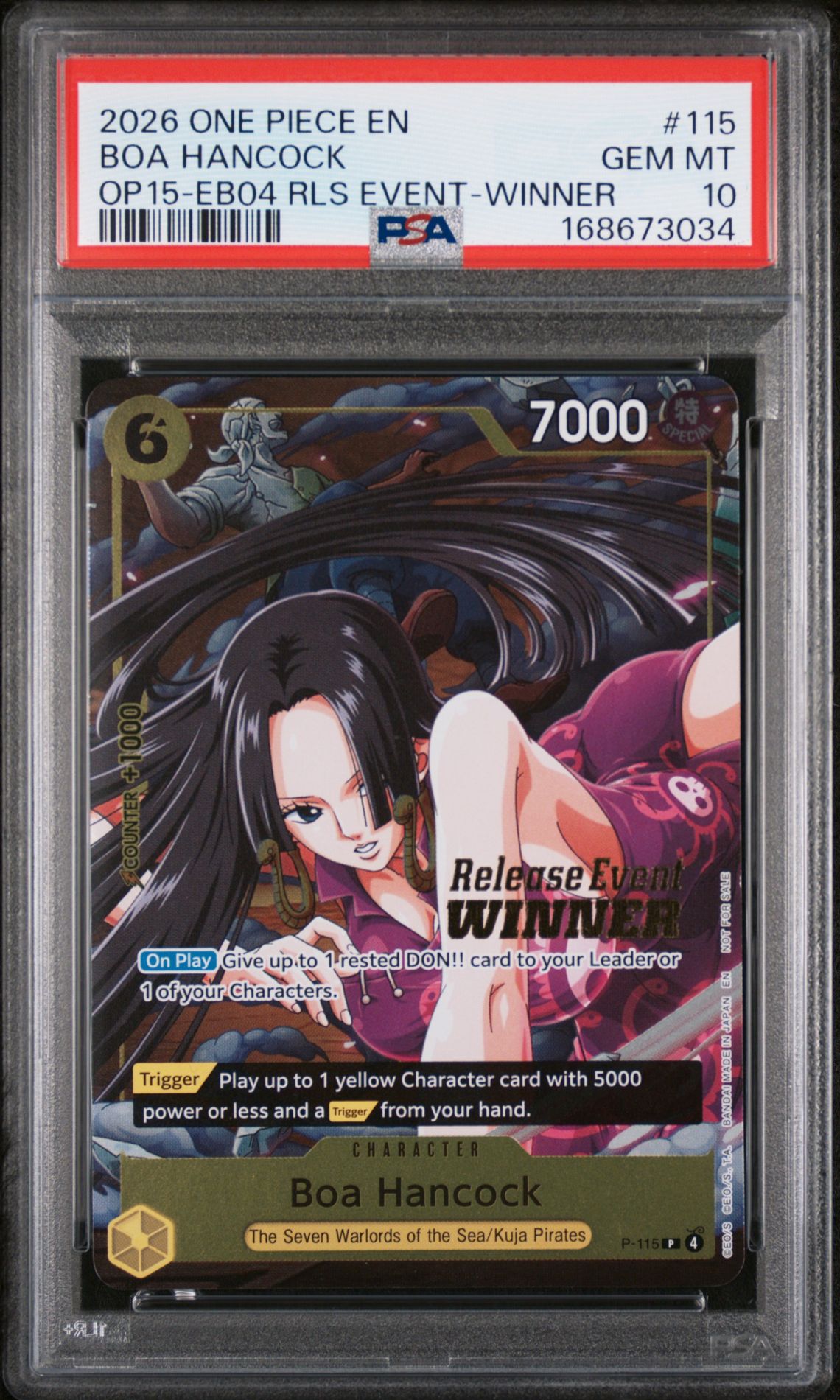 2026 One Piece Promos Boa Hancock #115 (Op15-Eb04 Rls Event-Winner) Gem Mt 10 front view - PSA graded GEM MT 10