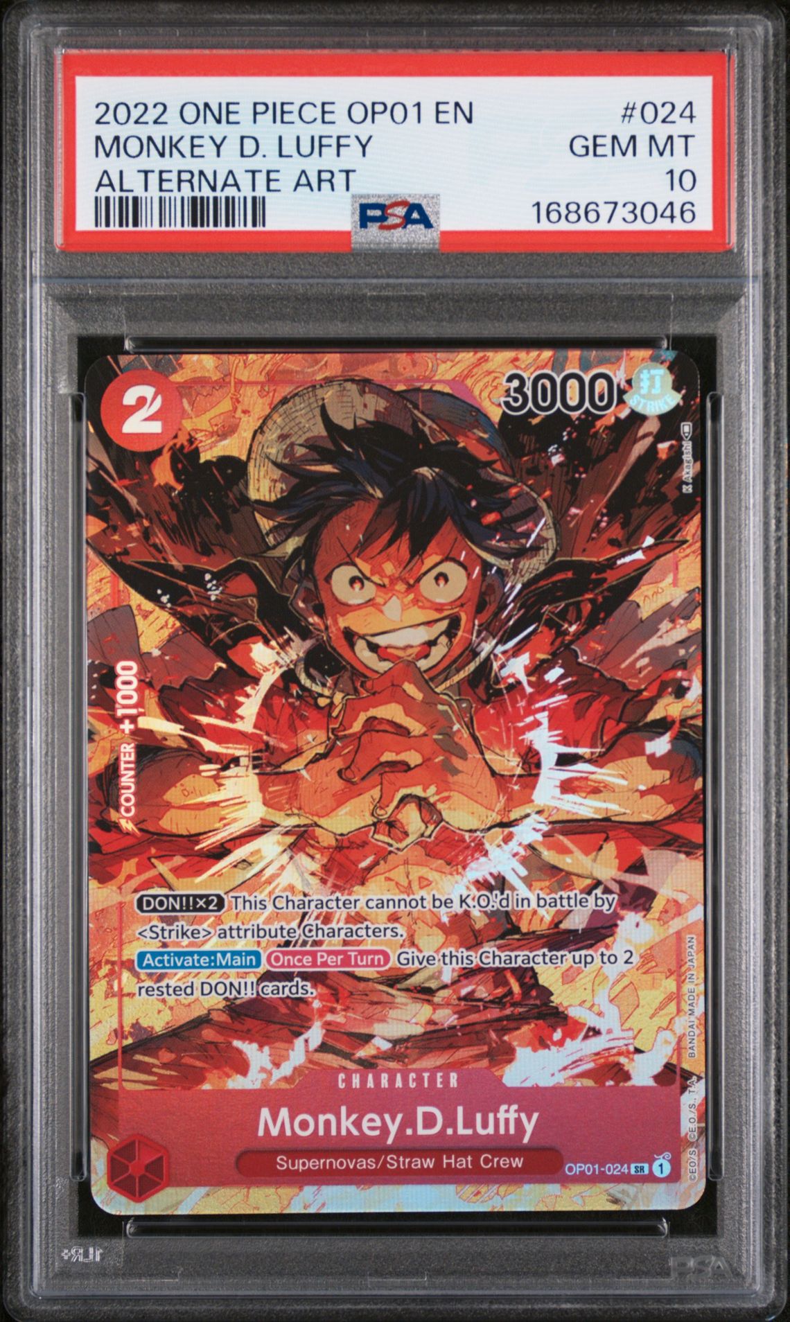 2022 One Piece Op01-Romance Dawn Monkey D. Luffy #024 (Alternate Art) Gem Mt 10 front view - PSA graded GEM MT 10