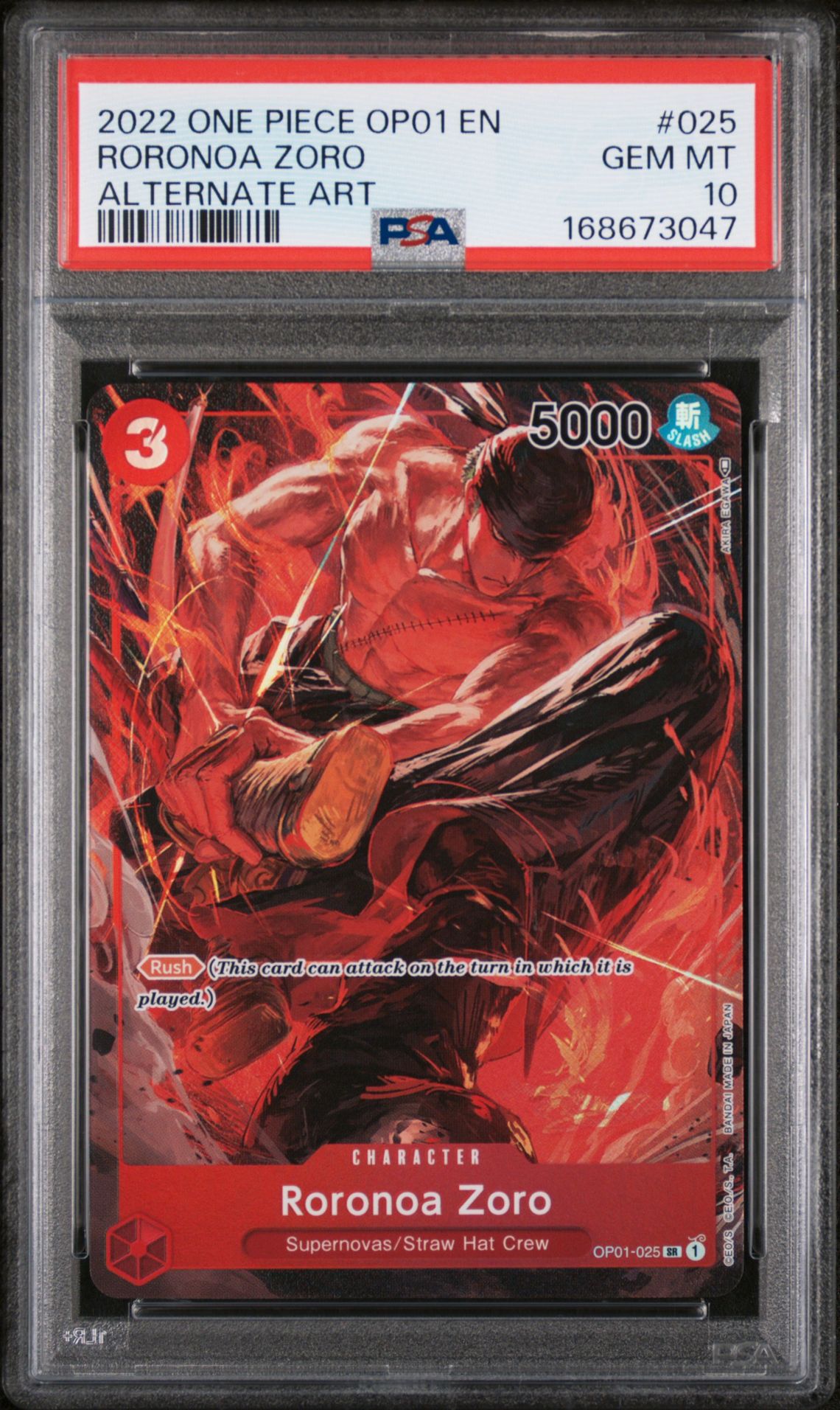 2022 ONE PIECE OP01-ROMANCE DAWN RORONOA ZORO ALTERNATE ART 025 GEM MT 10 front