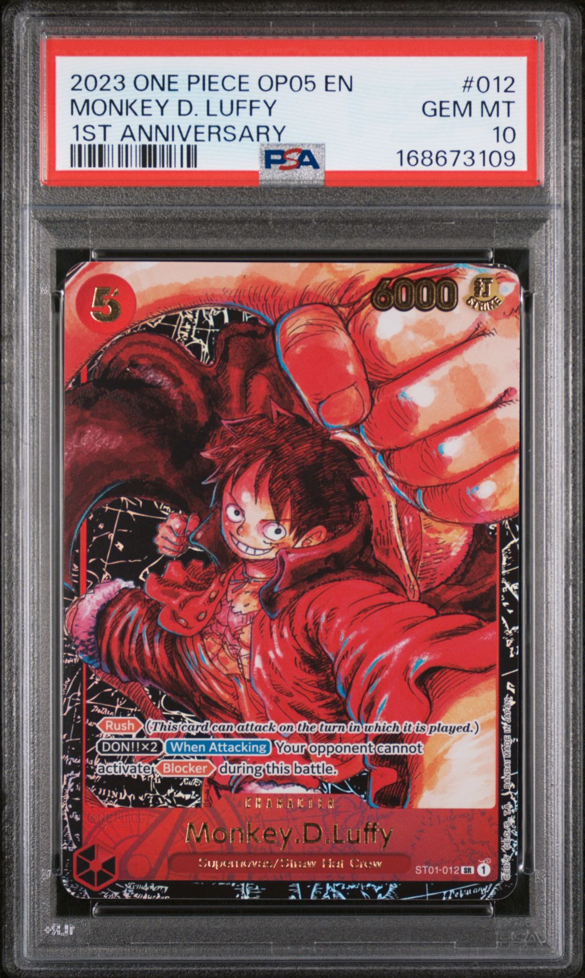 2023 One Piece Op05-Awakening Of The New Era Monkey D. Luffy #012 (1St Anniversary) Gem Mt 10 front view - PSA graded GEM MT 10
