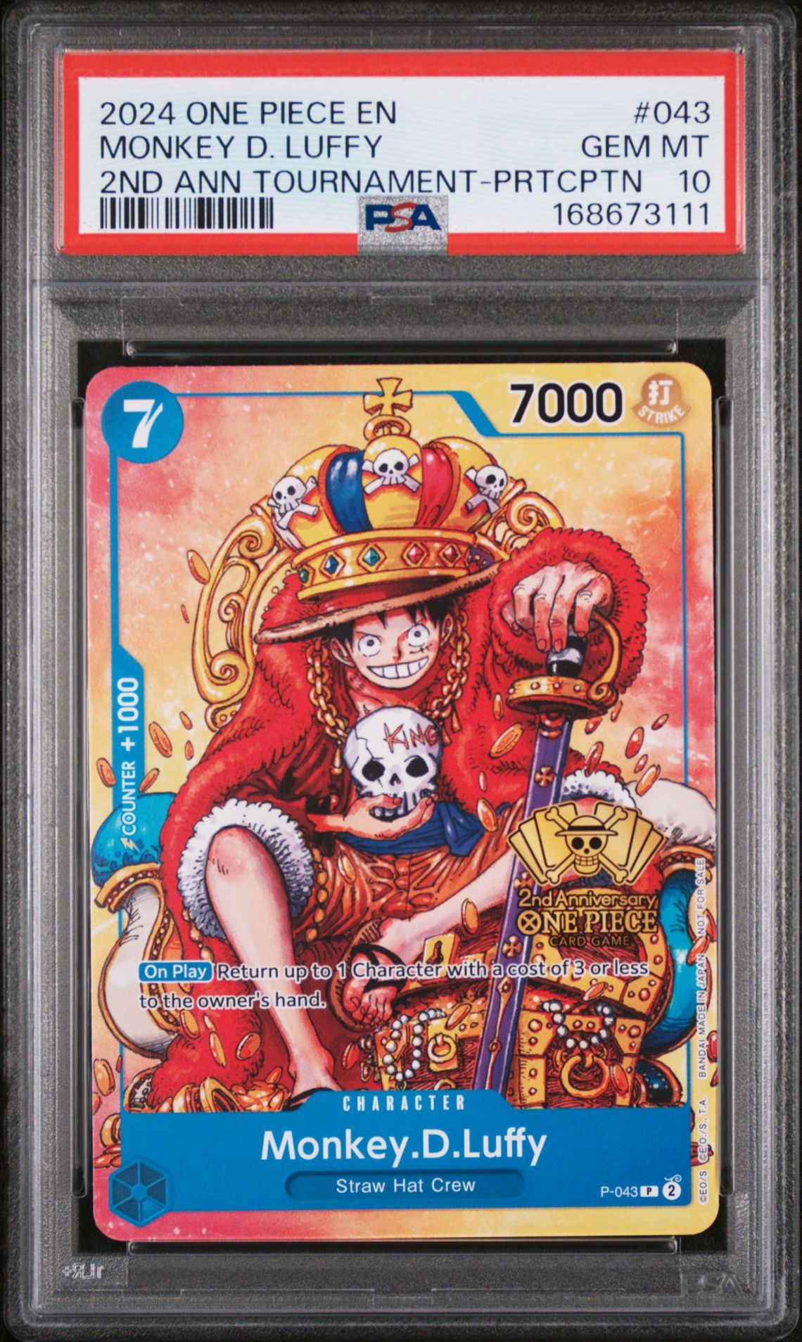 2024 One Piece Promos Monkey D. Luffy #043 (2Nd Anv Tournament-Prtcptn) Gem Mt 10 front view - PSA graded GEM MT 10