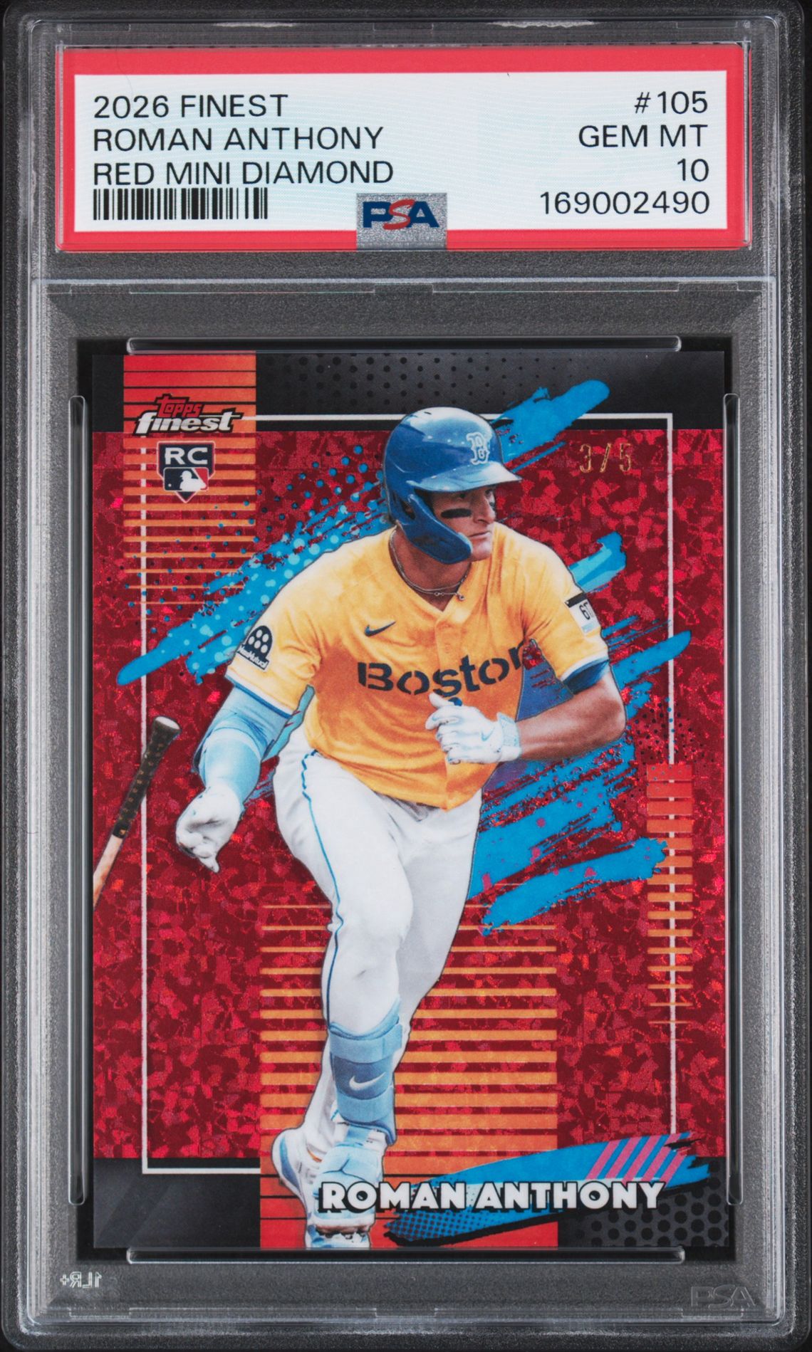2026 Topps Finest Roman Anthony #105 (Red Mini Diamond) Gem Mt 10 front view - PSA graded GEM MT 10