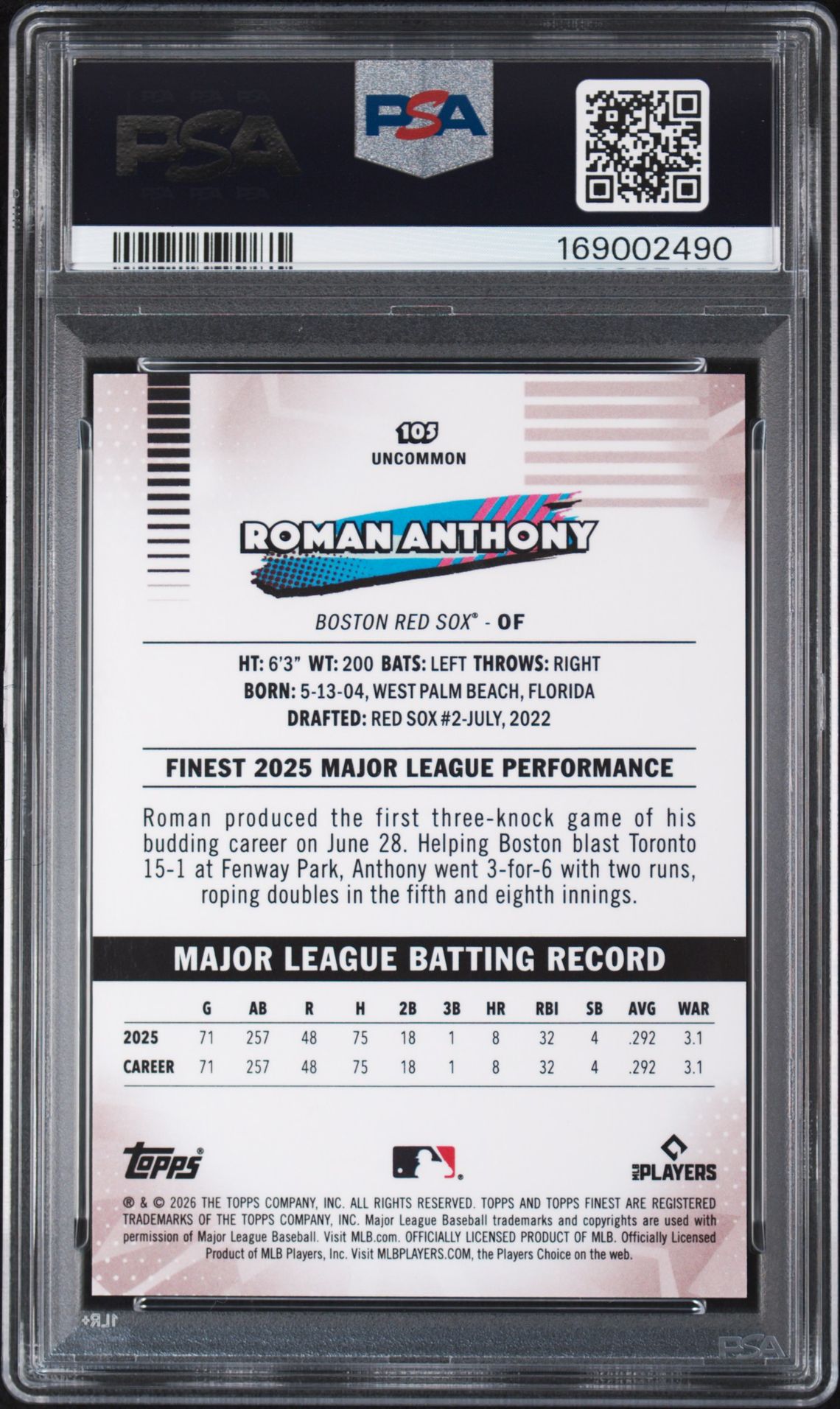 2026 Topps Finest Roman Anthony #105 (Red Mini Diamond) Gem Mt 10 back view - PSA certificate #169002490