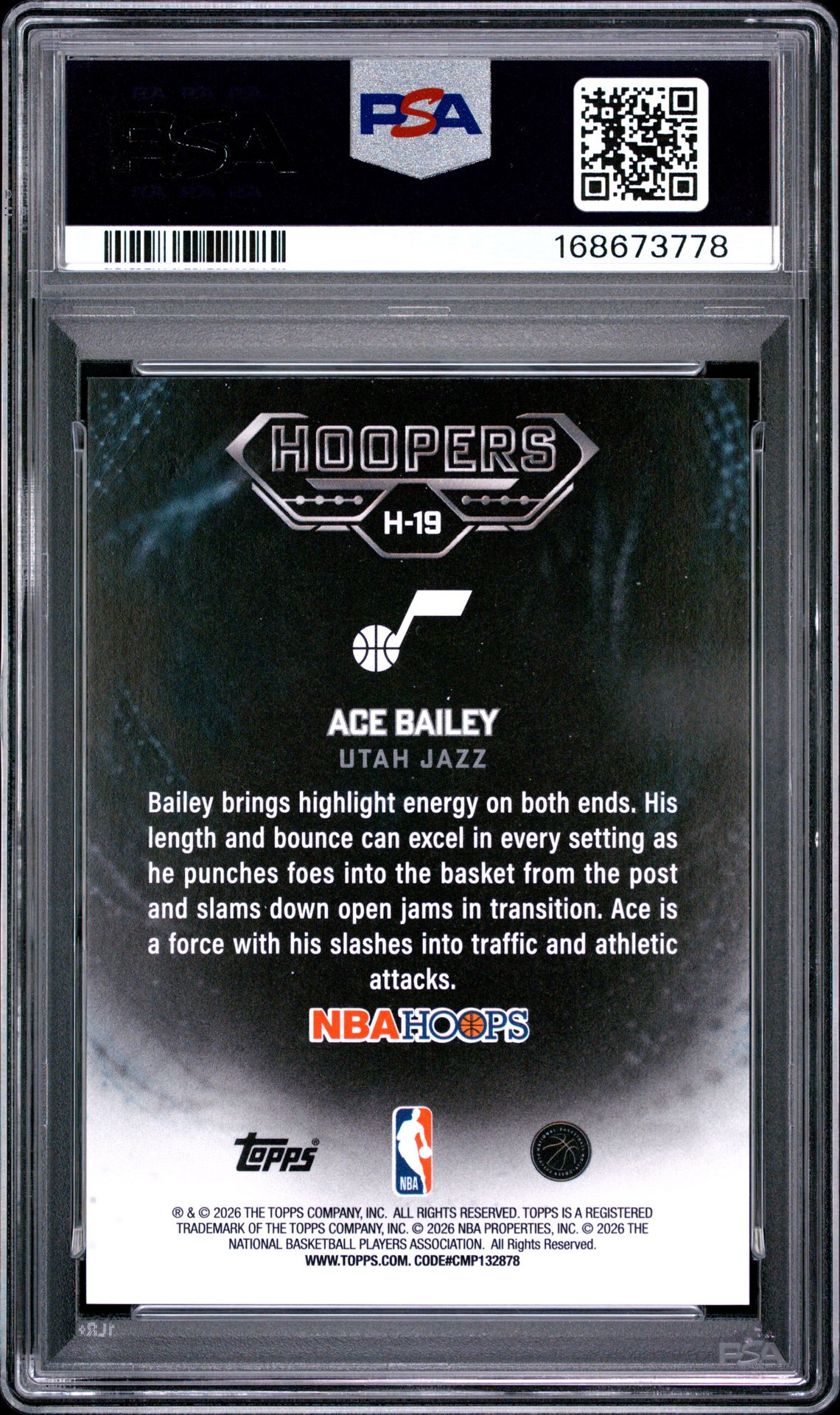 2025 Topps Nba Hoops Hoopers Ace Bailey #H-19 (Hoopers-Gold Pixel Burst) Gem Mt 10 back view - PSA certificate #168673778