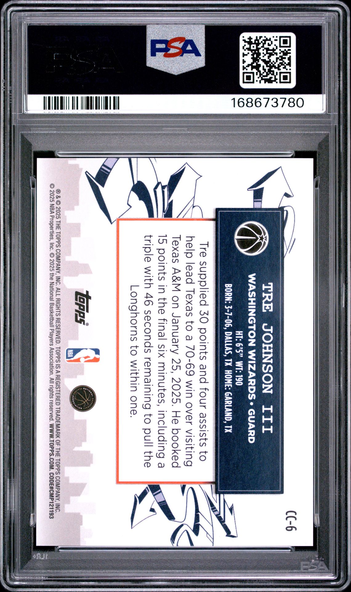 2025 TOPPS CLUTCH CITY PROSPECTS TRE JOHNSON III CLTCH CTY PROS-GLD HOLO FOIL CC-6 GEM MT 10 back