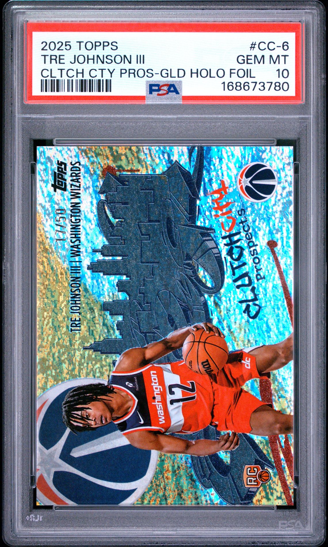 2025 TOPPS CLUTCH CITY PROSPECTS TRE JOHNSON III CLTCH CTY PROS-GLD HOLO FOIL CC-6 GEM MT 10 front