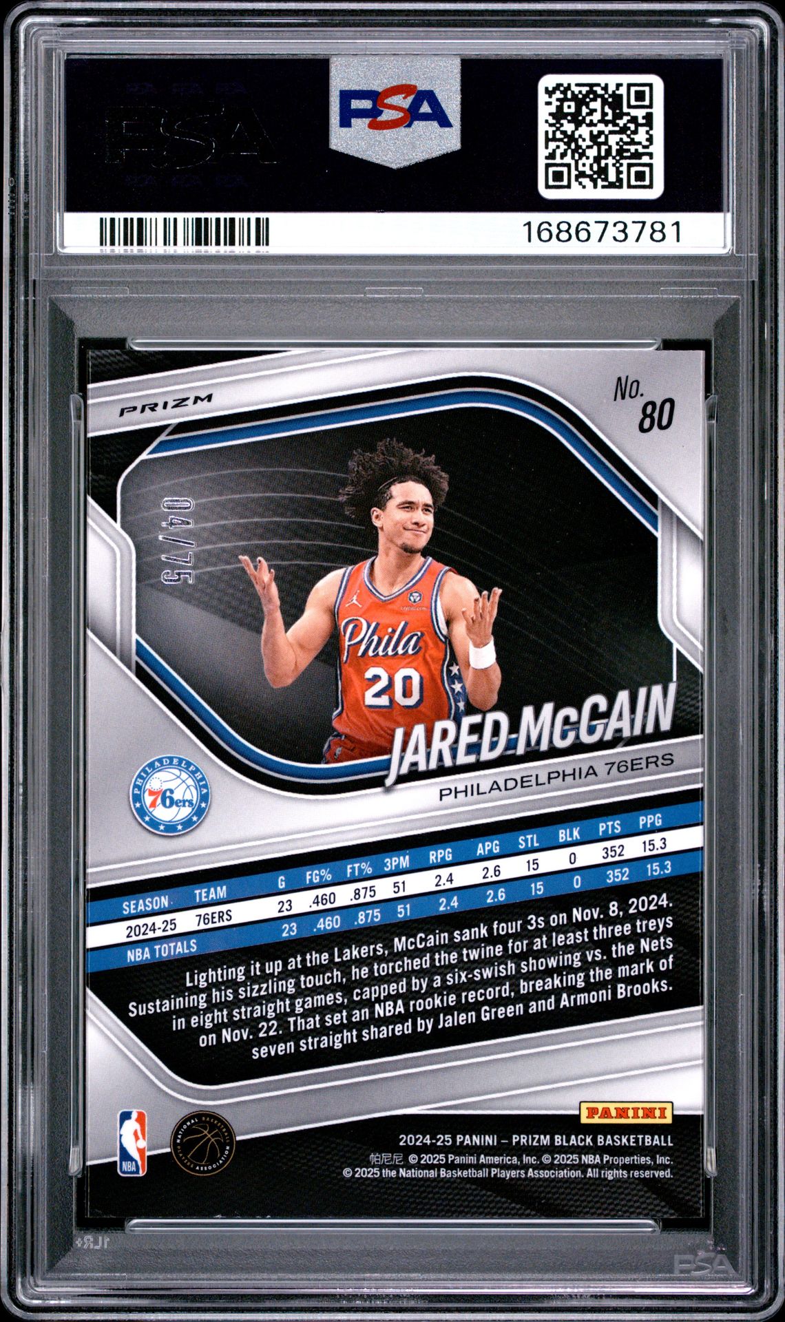 2024 Panini Prizm Black Jared Mccain #80 (Red Power) Mint 9 back