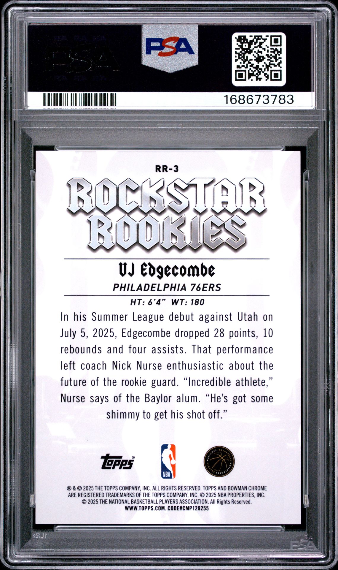 2025 BOWMAN CHROME ROCKSTAR ROOKIES VJ EDGECOMBE ROCKSTAR RK-GOLD GEOMETRIC RR-3 GEM MT 10 back