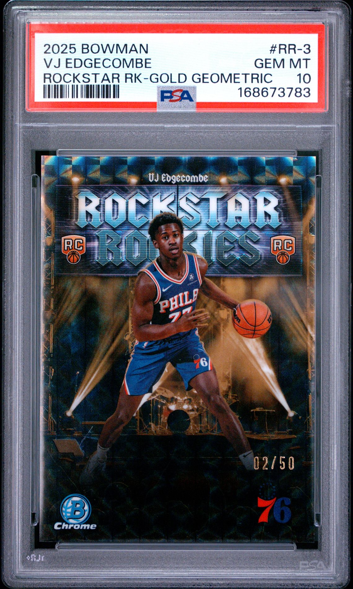 2025 BOWMAN CHROME ROCKSTAR ROOKIES VJ EDGECOMBE ROCKSTAR RK-GOLD GEOMETRIC RR-3 GEM MT 10 front