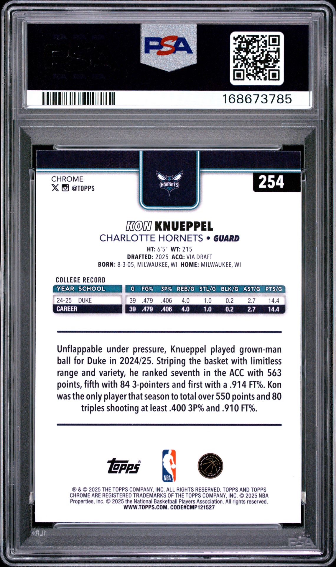 2025 Topps Chrome Kon Knueppel #254 (Basketball Refractor) Gem Mt 10 back