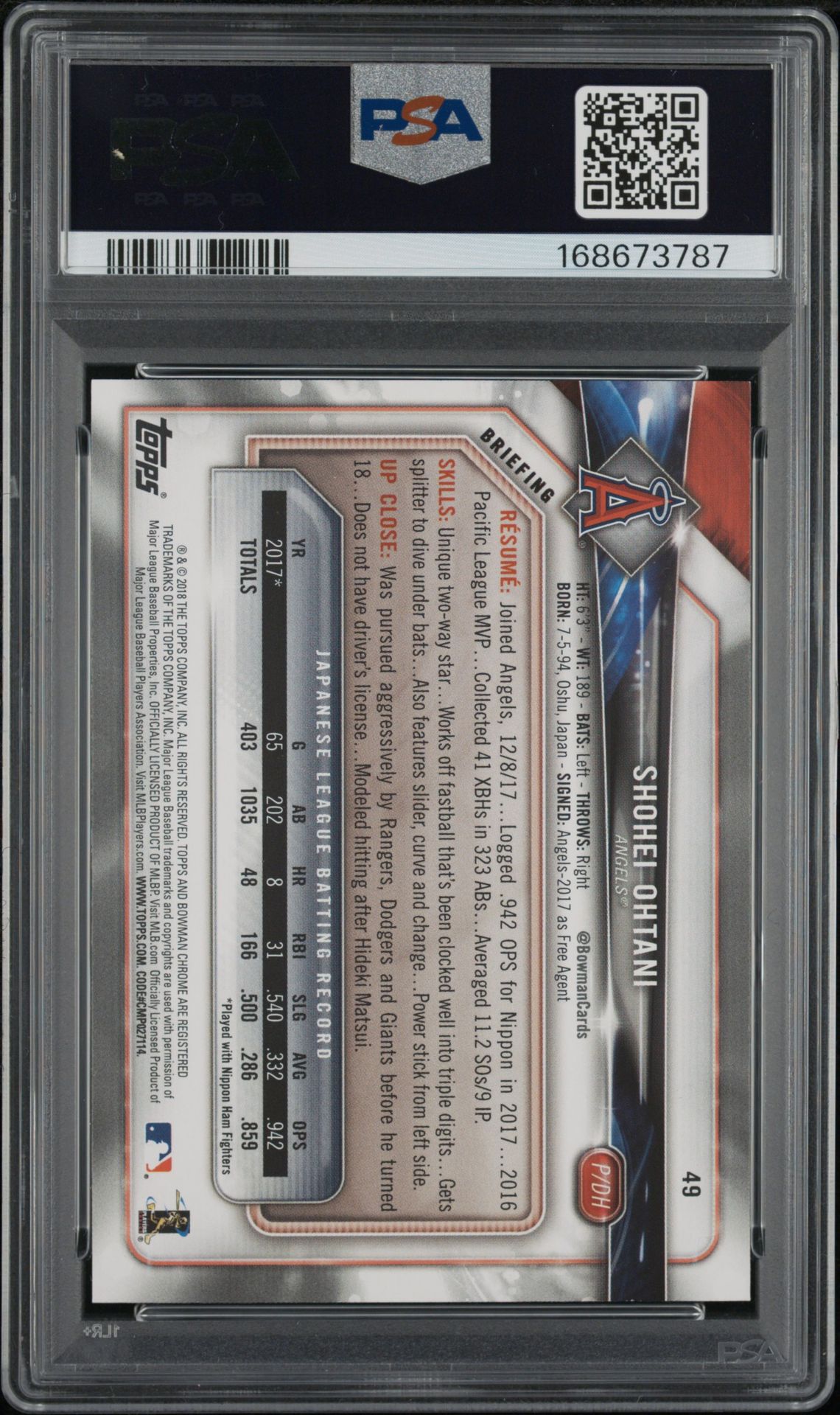 2018 Bowman Shohei Ohtani #49 Nm-Mt 8 back
