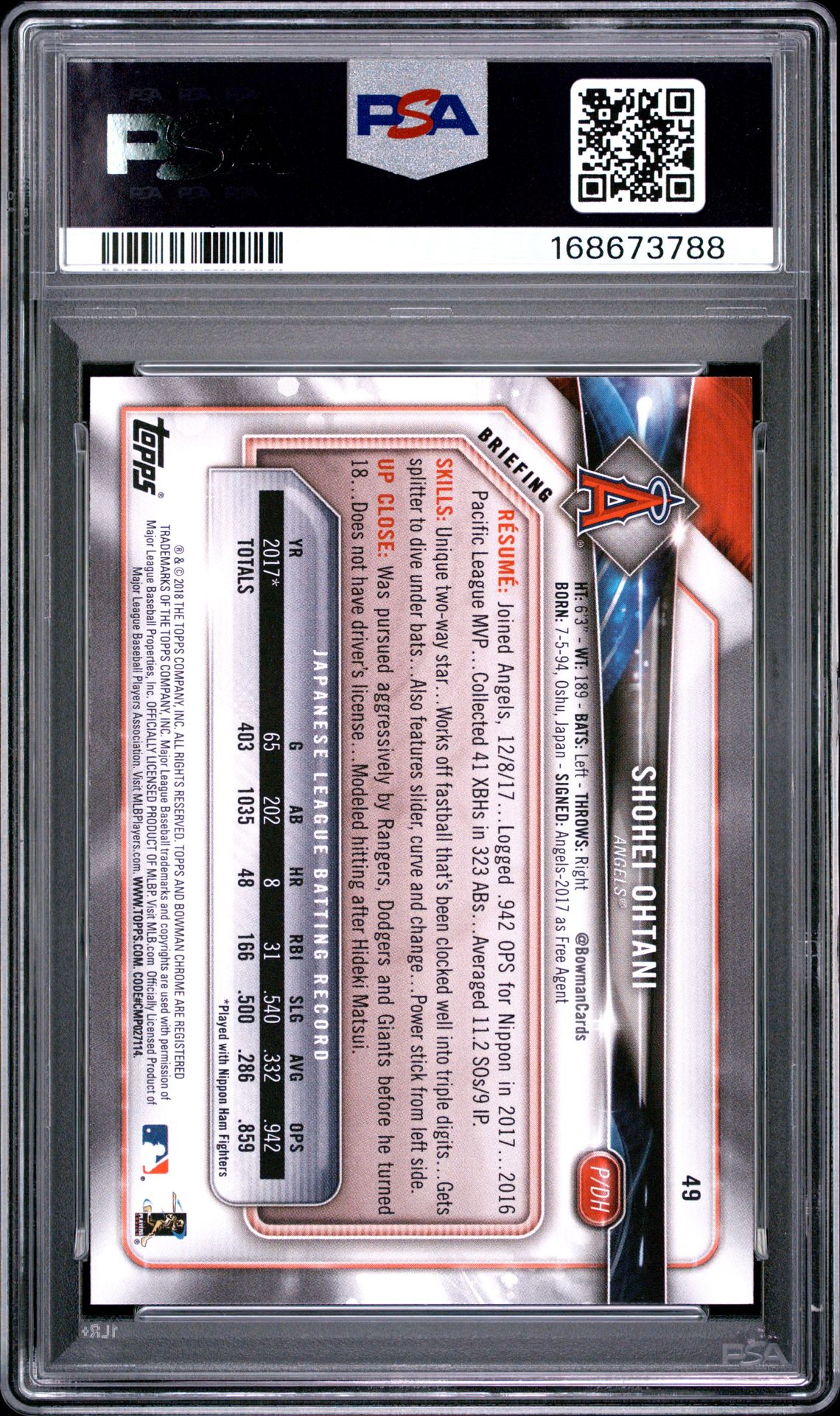 2018 Bowman Shohei Ohtani #49 Mint 9 back