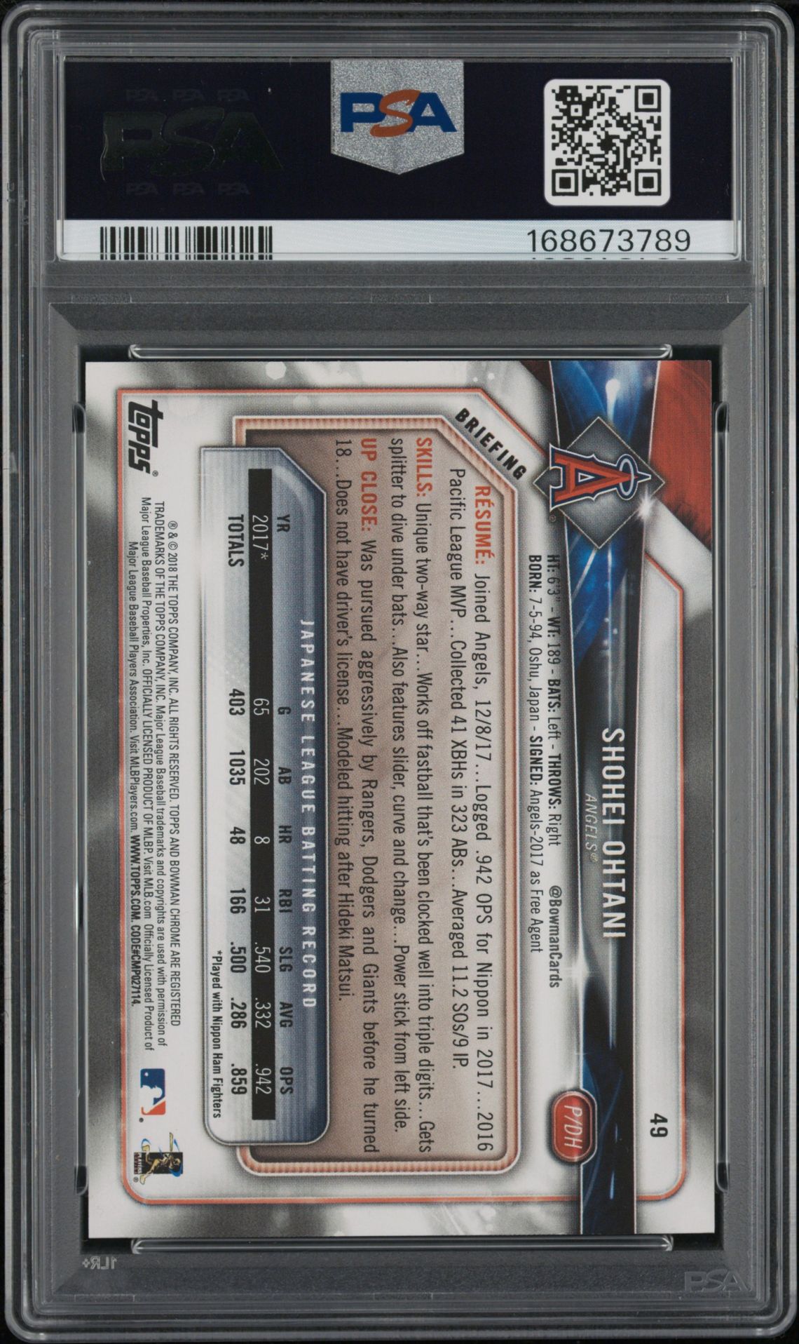 2018 Bowman Shohei Ohtani #49 Nm-Mt 8 back