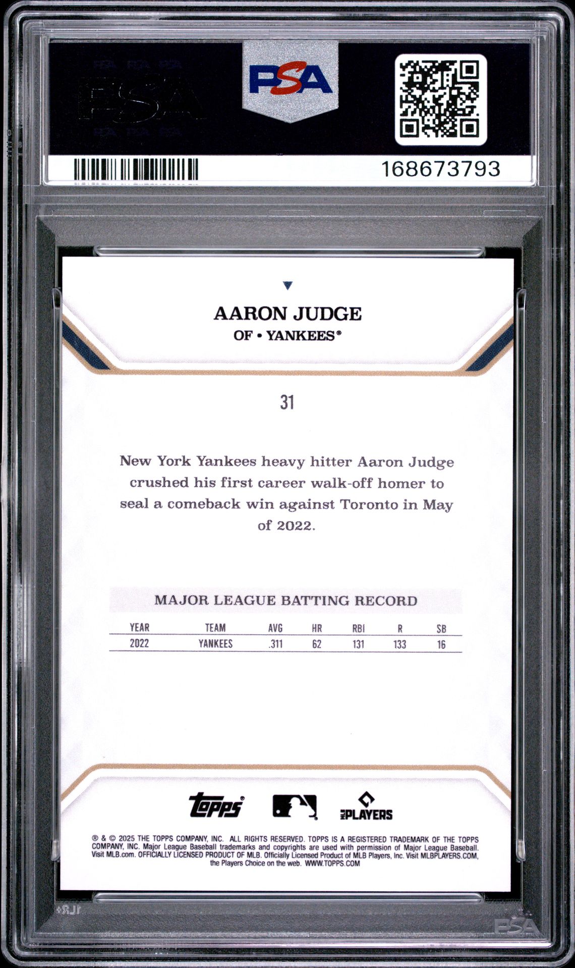 2025 Topps Mlb Mvp Collection Aaron Judge #31 (Orange Foil) Gem Mt 10 back