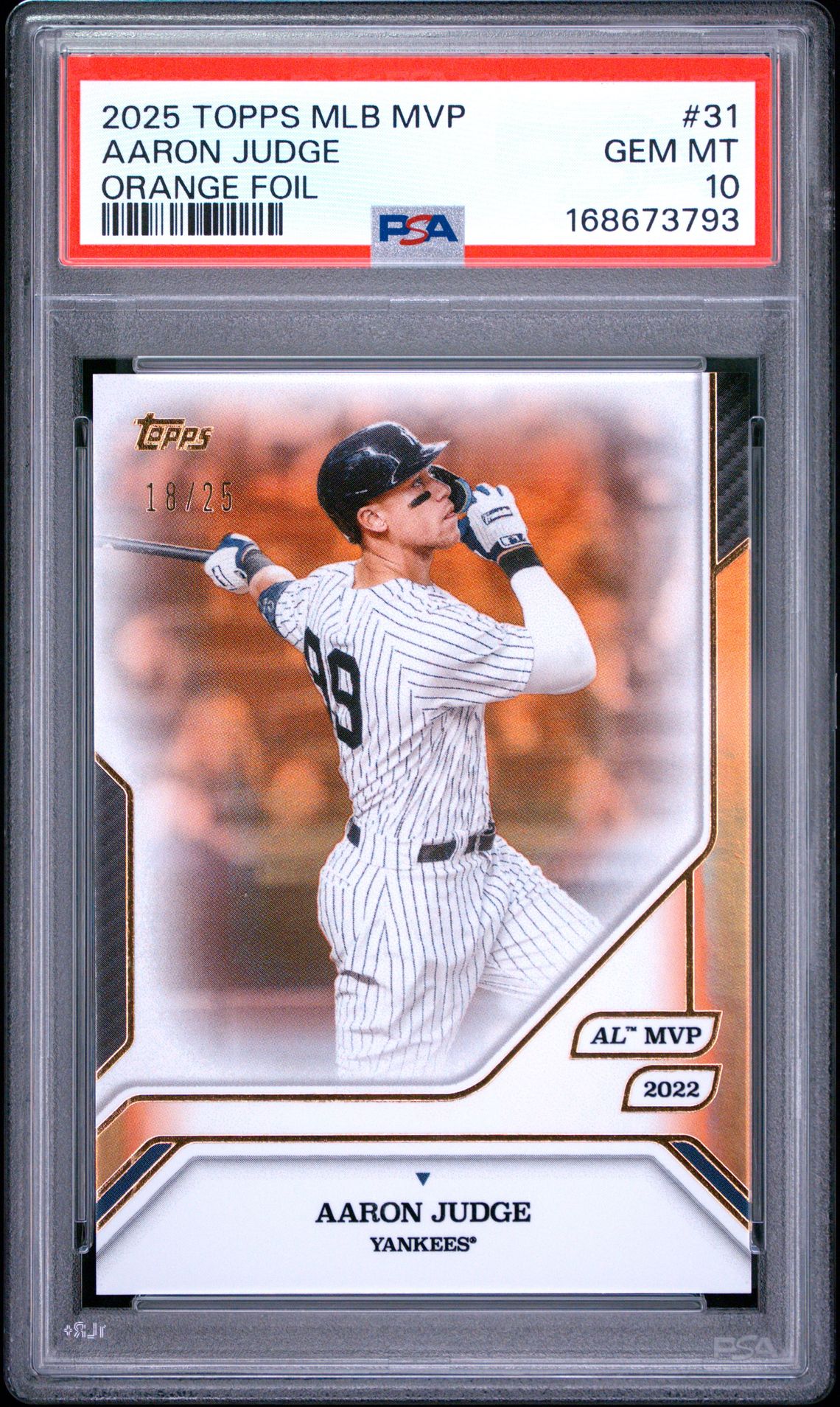 2025 Topps Mlb Mvp Collection Aaron Judge #31 (Orange Foil) Gem Mt 10 front