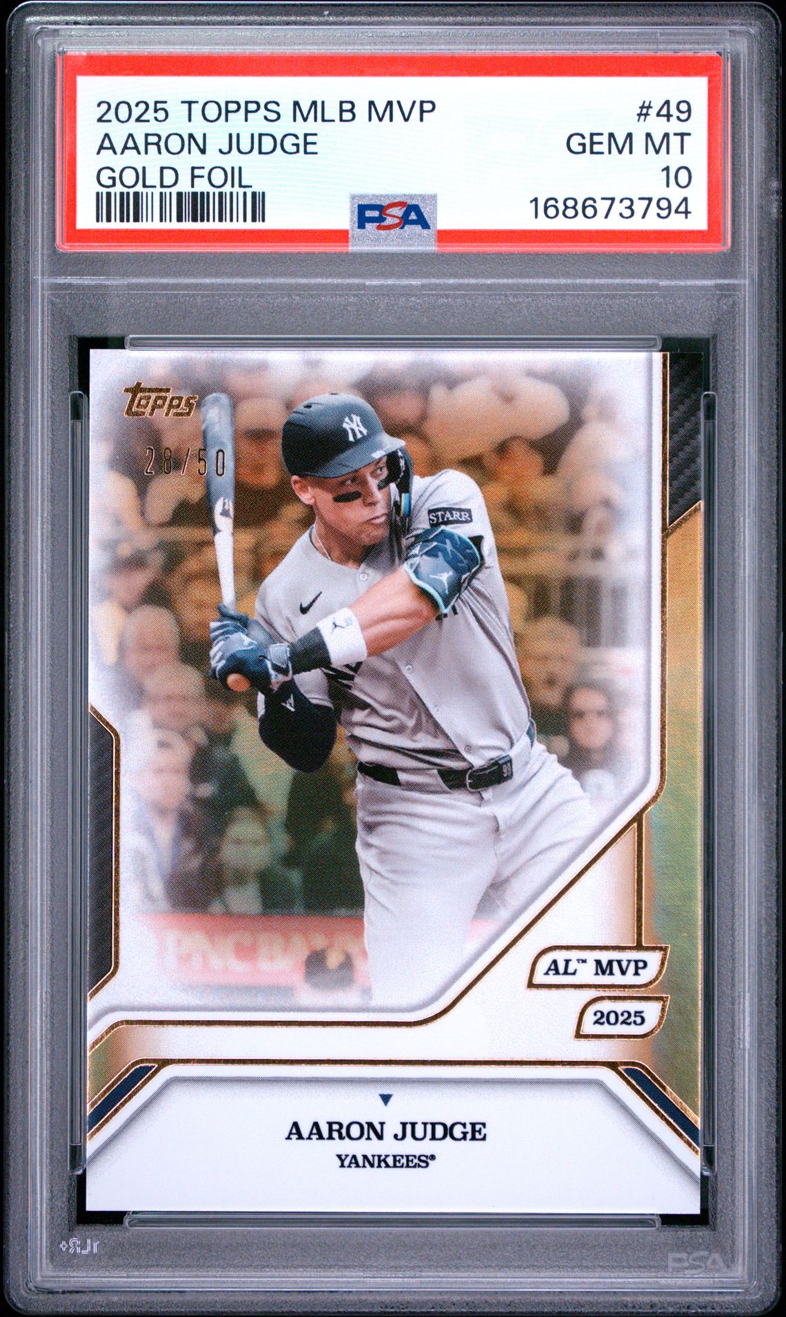 2025 Topps Mlb Mvp Collection Aaron Judge #49 (Gold Foil) Gem Mt 10 front view - PSA graded GEM MT 10