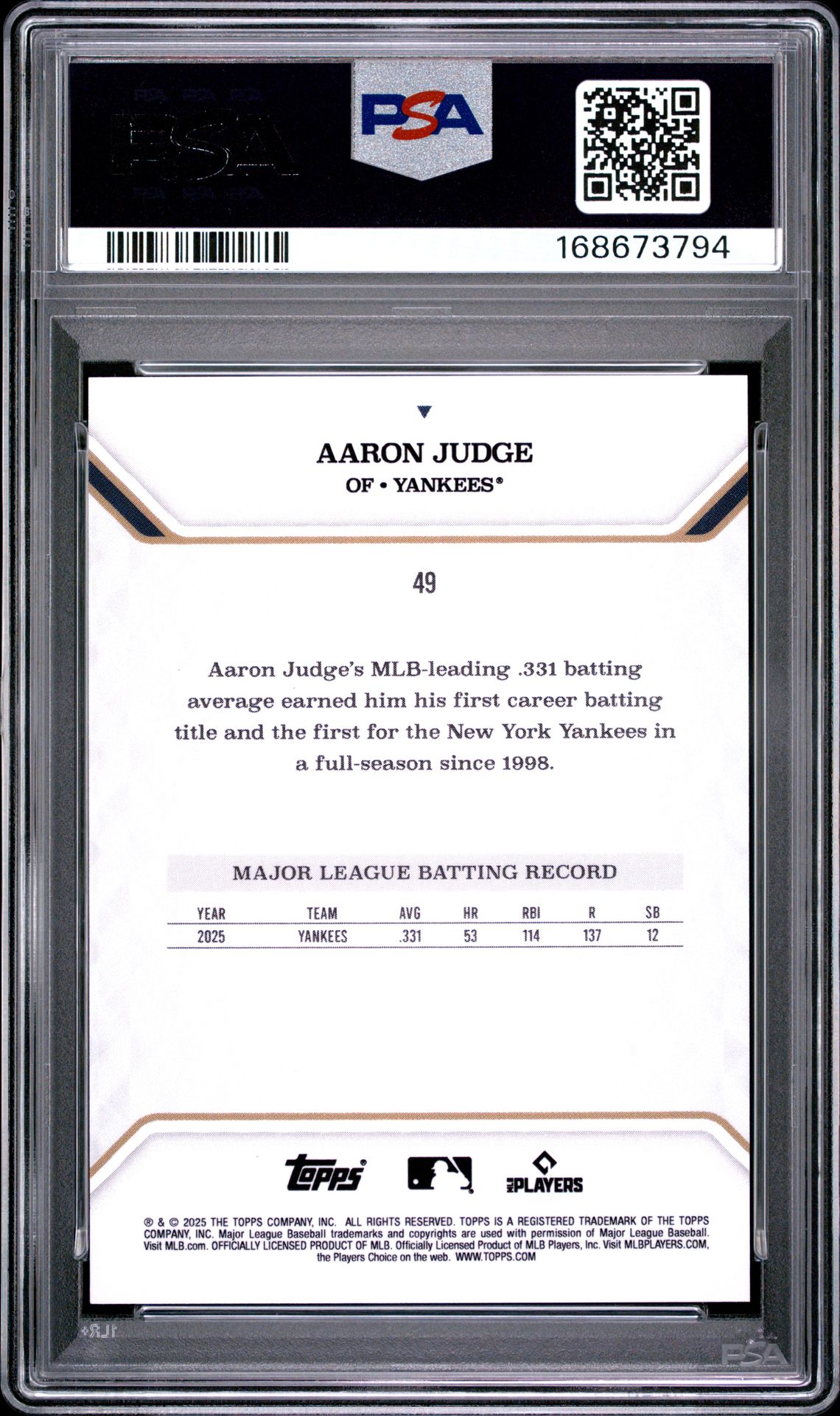 2025 Topps Mlb Mvp Collection Aaron Judge #49 (Gold Foil) Gem Mt 10 back view - PSA certificate #168673794