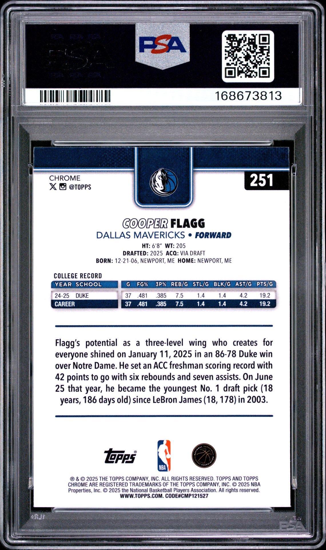 2025 Topps Chrome Cooper Flagg #251 Mint 9 back