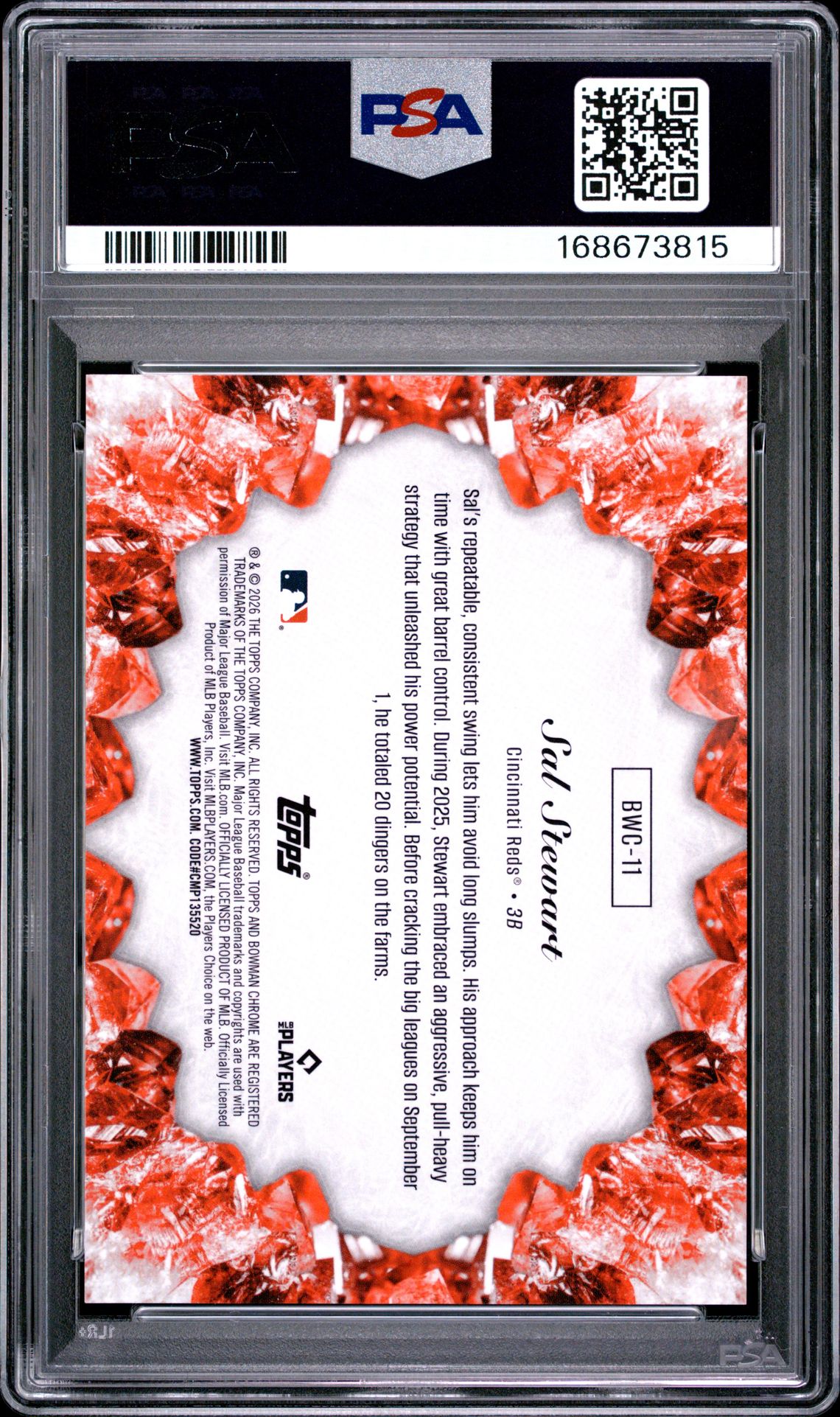 2026 Bowman Chrome Crystallized Sal Stewart #Bwc-11 Gem Mt 10 back view - PSA certificate #168673815