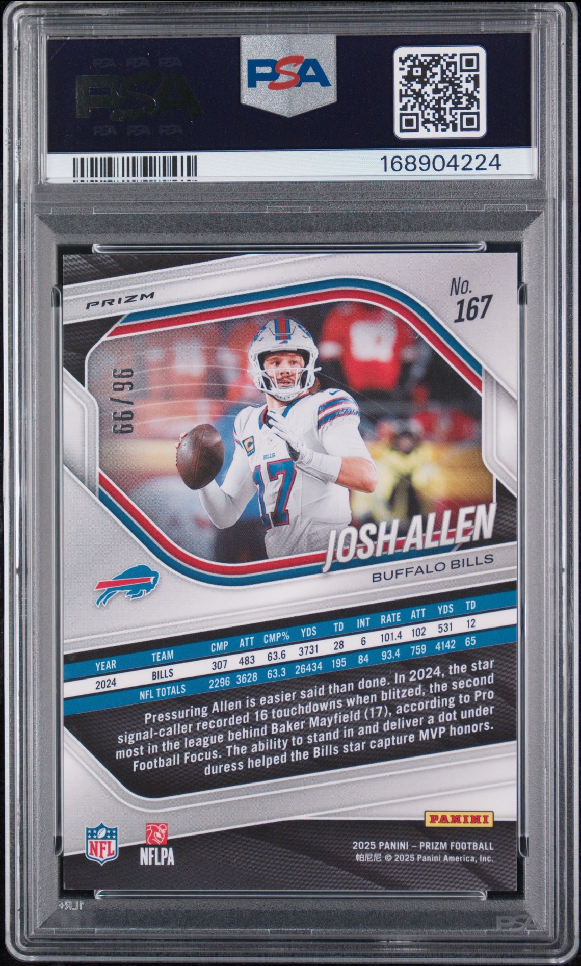 2025 Panini Prizm Josh Allen #167 (No Huddle Red) Gem Mt 10 back view - PSA certificate #168904224