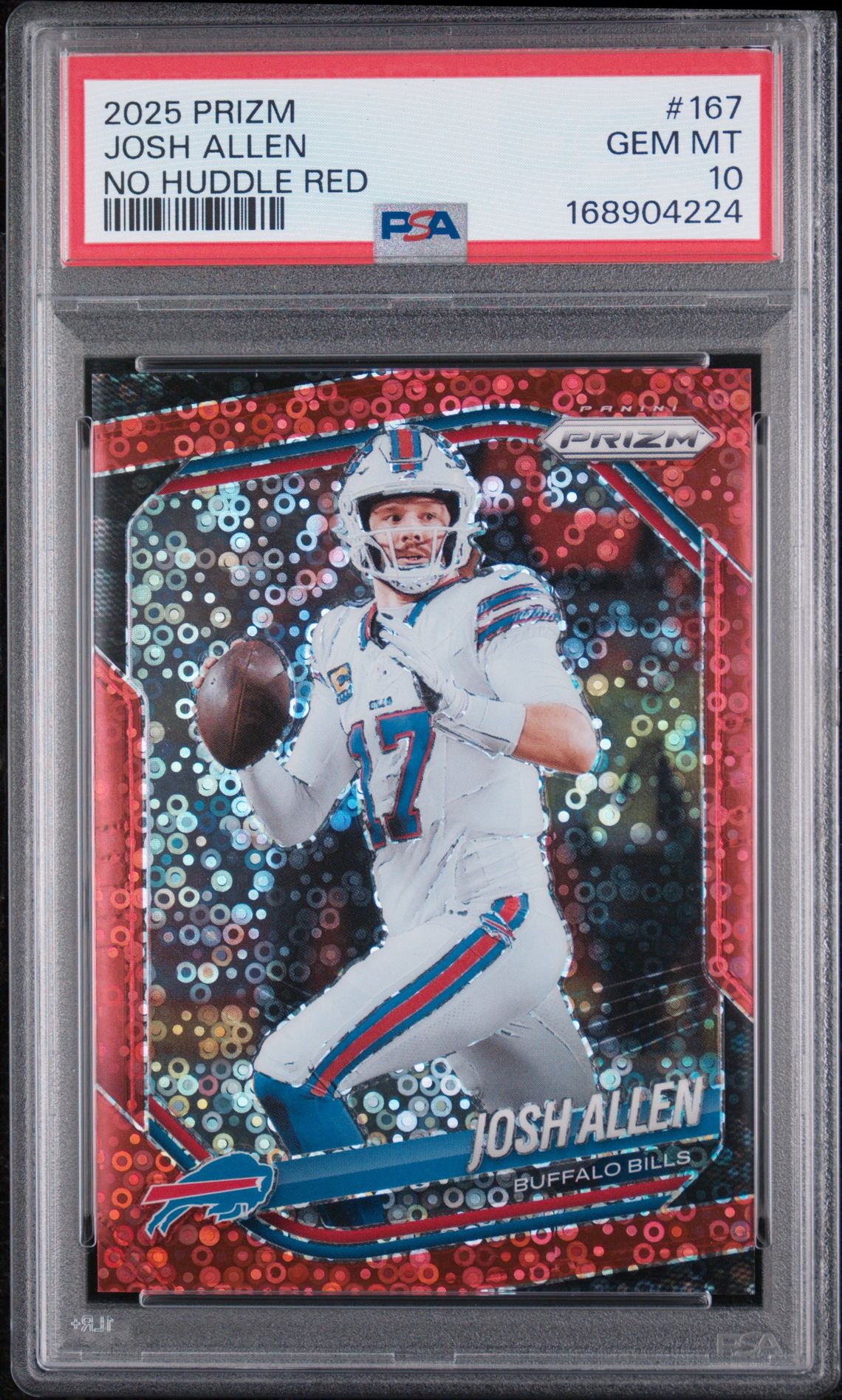 2025 Panini Prizm Josh Allen #167 (No Huddle Red) Gem Mt 10 front view - PSA graded GEM MT 10