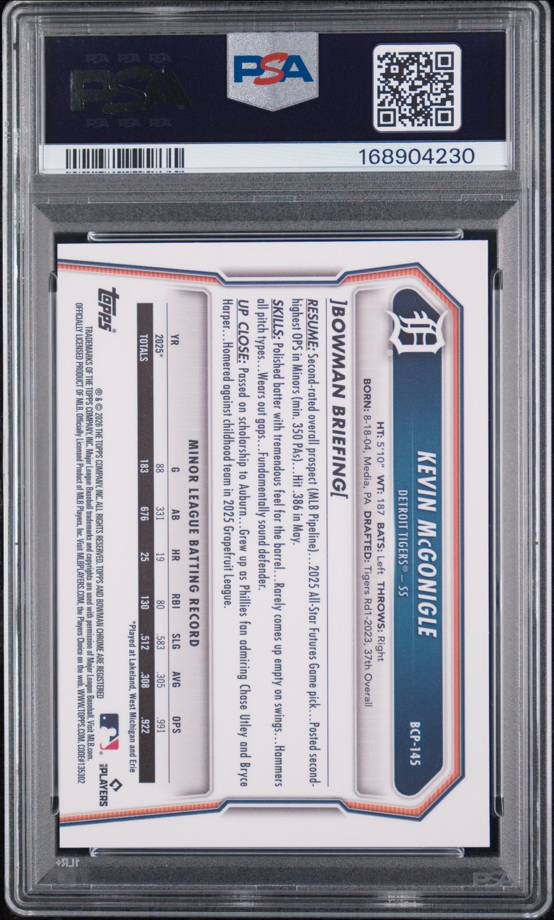 2026 Bowman Chrome Prospects Kevin Mcgonigle #Bcp-145 (Chr Pros-Gold Refractor) Gem Mt 10 back view - PSA certificate #168904230