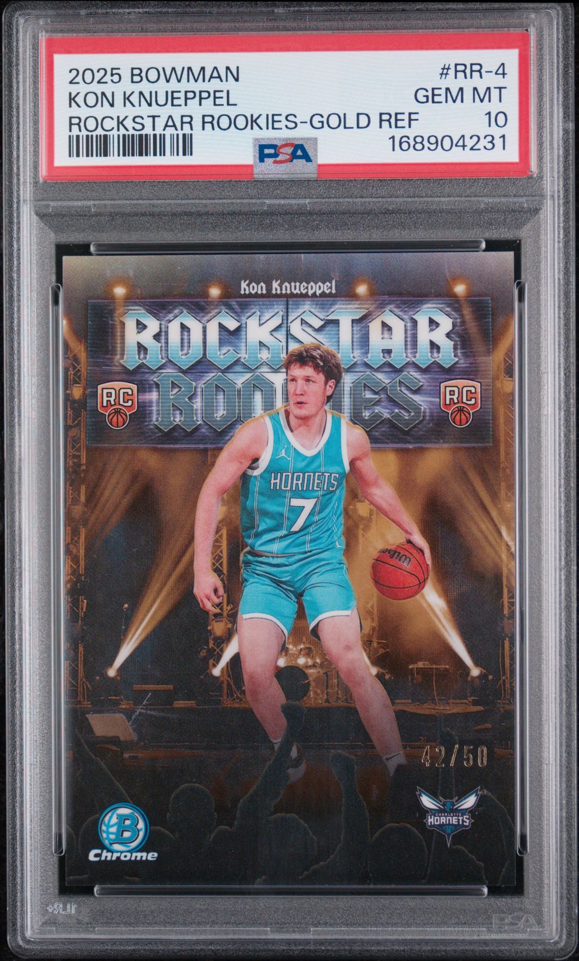 2025 Bowman Chrome Rockstar Rookies Kon Knueppel #Rr-4 (Rockstar Rookies-Gold Ref) Gem Mt 10 front view - PSA graded GEM MT 10