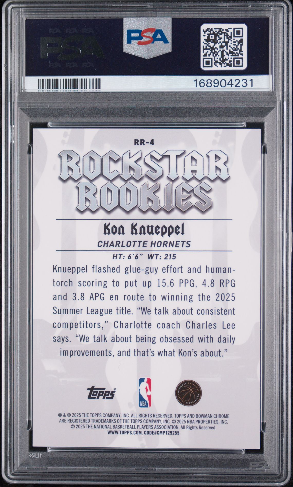 2025 Bowman Chrome Rockstar Rookies Kon Knueppel #Rr-4 (Rockstar Rookies-Gold Ref) Gem Mt 10 back view - PSA certificate #168904231