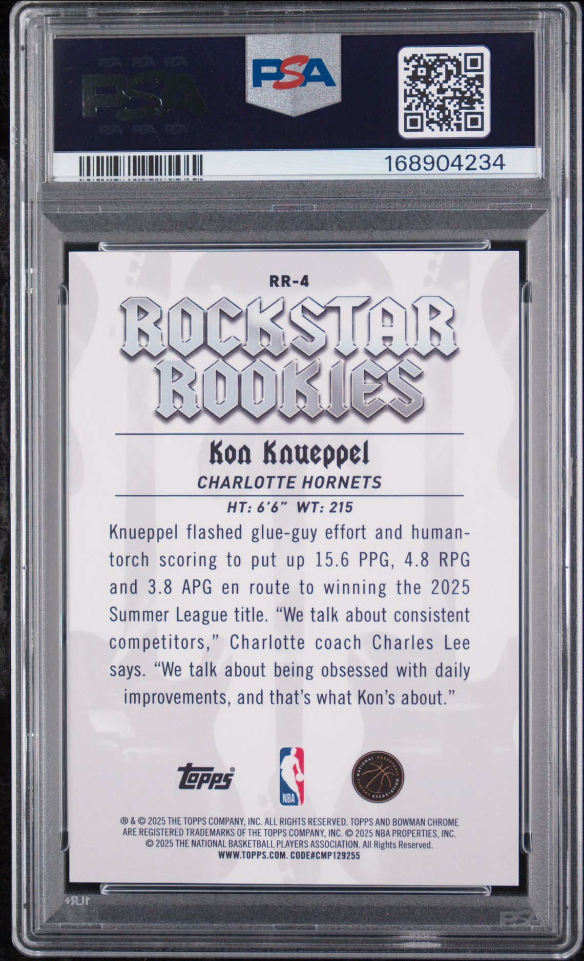 2025 Bowman Chrome Rockstar Rookies Kon Knueppel #Rr-4 (Rockstar Rookies-Green Ref) Gem Mt 10 back view - PSA certificate #168904234