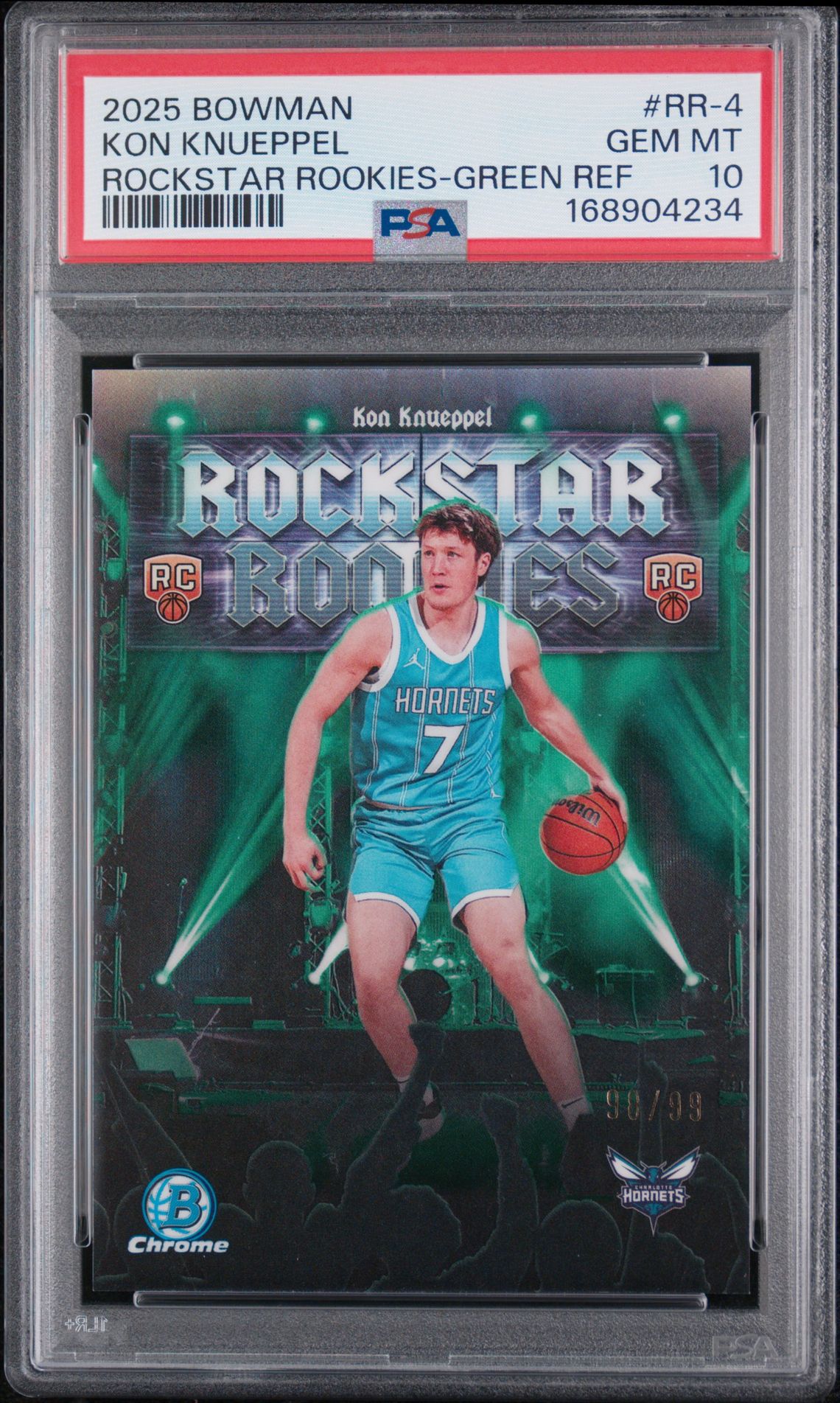 2025 Bowman Chrome Rockstar Rookies Kon Knueppel #Rr-4 (Rockstar Rookies-Green Ref) Gem Mt 10 front view - PSA graded GEM MT 10