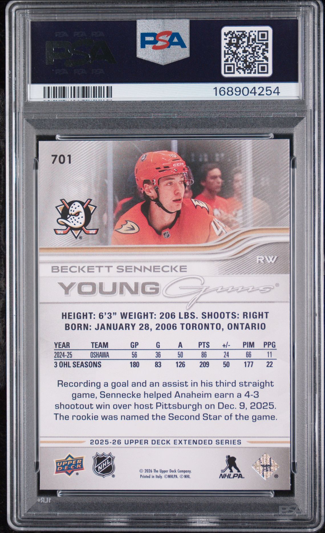 2025 Upper Deck Beckett Sennecke #701 Gem Mt 10 back view - PSA certificate #168904254