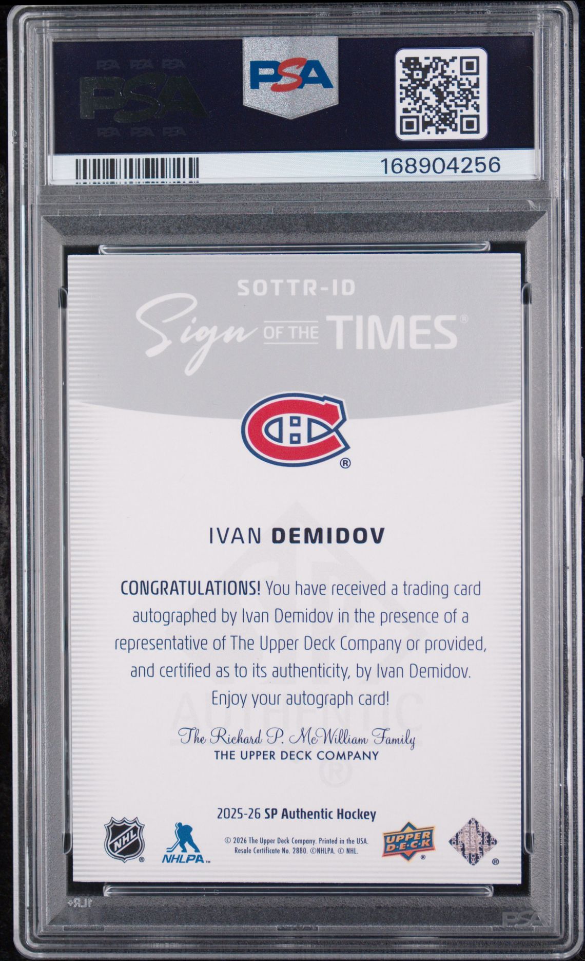 2025 Upper Deck Sp Authentic Sign Of The Times Rookies Ivan Demidov #Id Gem Mt 10 back view - PSA certificate #168904256