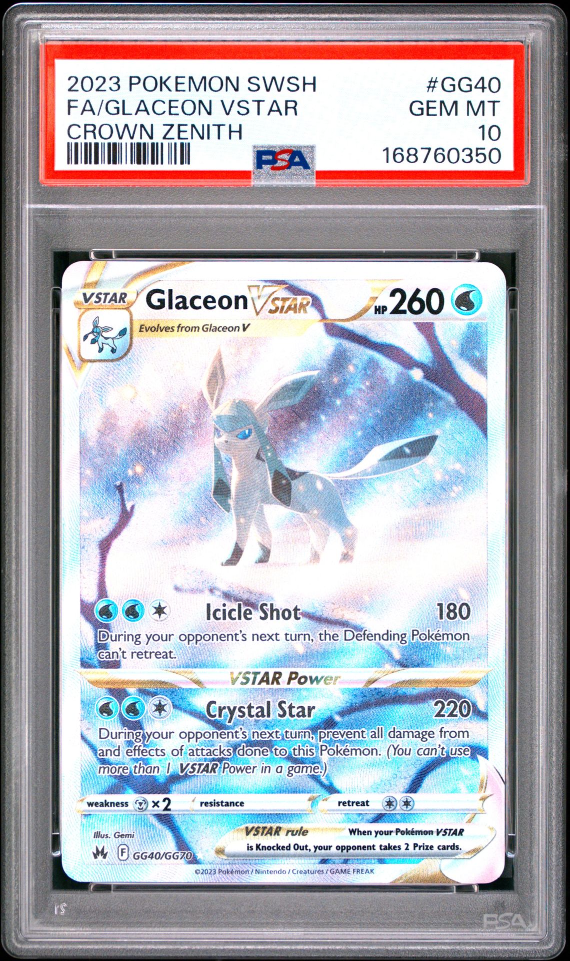 2023 Pokemon Sword And Shield Crown Zenith Fa/Glaceon Vstar #Gg40 (Crown Zenith) Gem Mt 10 front view - PSA graded GEM MT 10