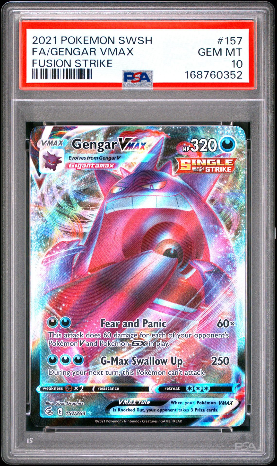 2021 Pokemon Sword & Shield Fusion Strike Fa/Gengar Vmax #157 (Fusion Strike) Gem Mt 10 front view - PSA graded GEM MT 10