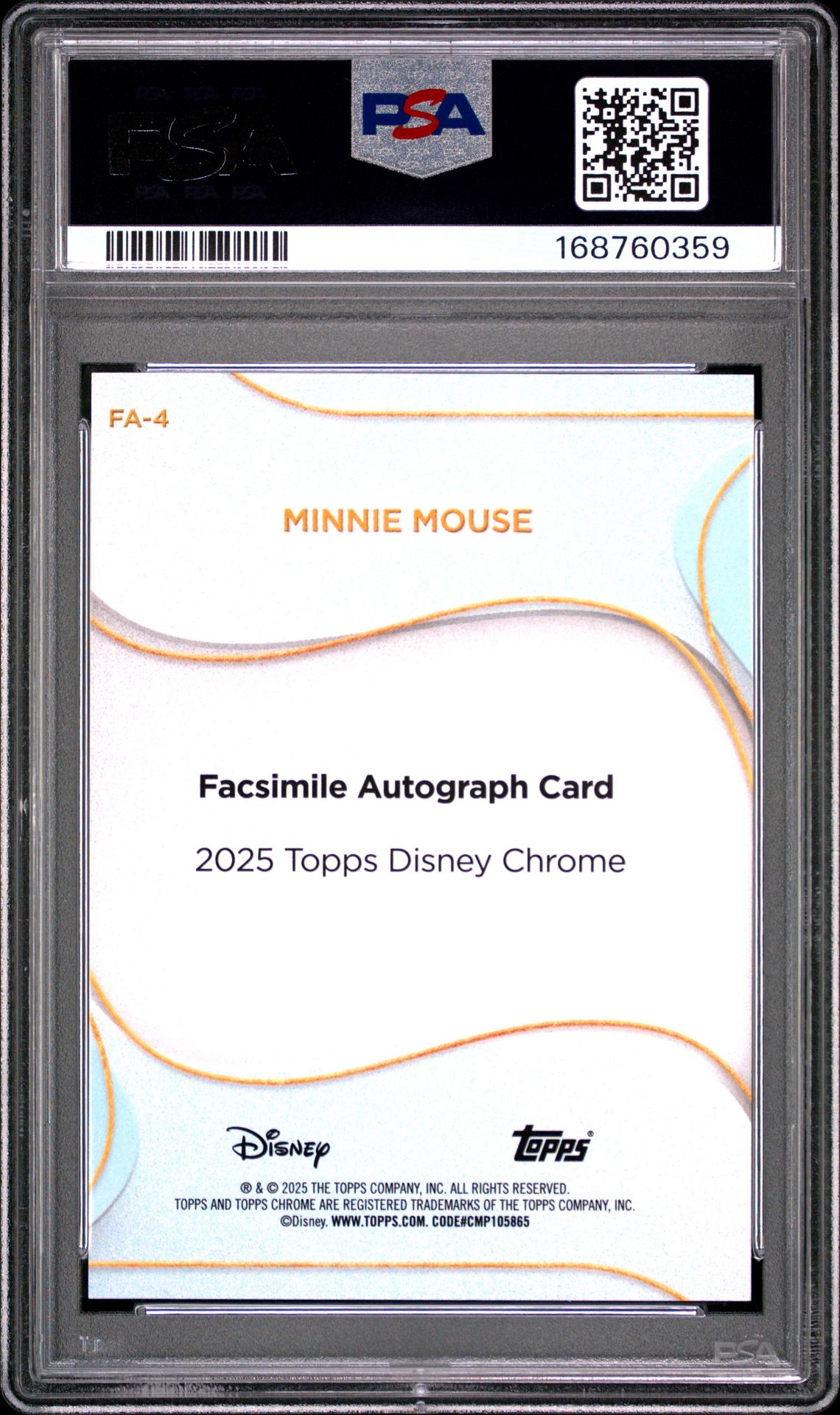 2025 Topps Chrome Disney Disney Chrome 2025 Facsimile Autographs Minnie Mouse #4 (Facsimile-Orange Ref) Mint 9 back