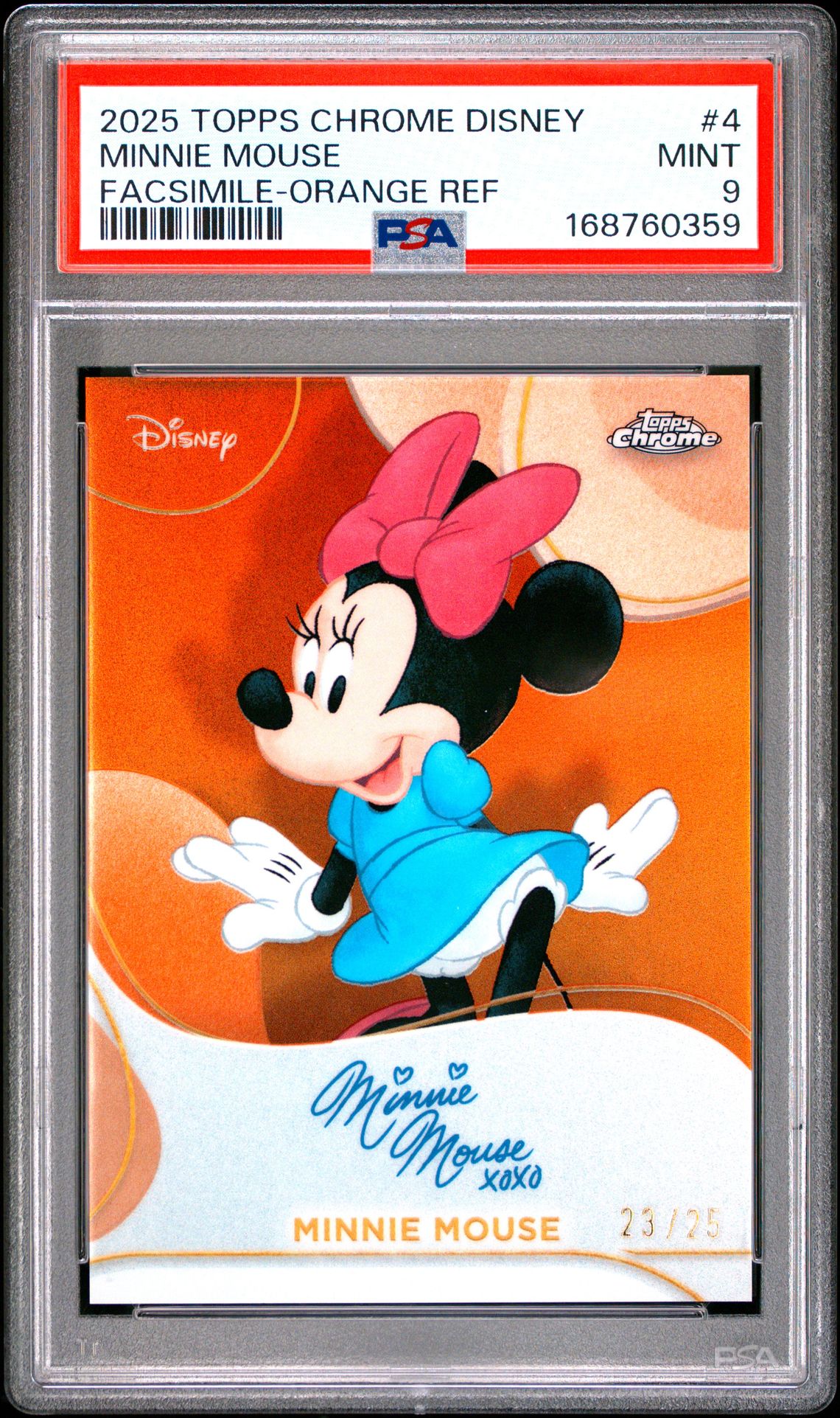 2025 Topps Chrome Disney Disney Chrome 2025 Facsimile Autographs Minnie Mouse #4 (Facsimile-Orange Ref) Mint 9 front