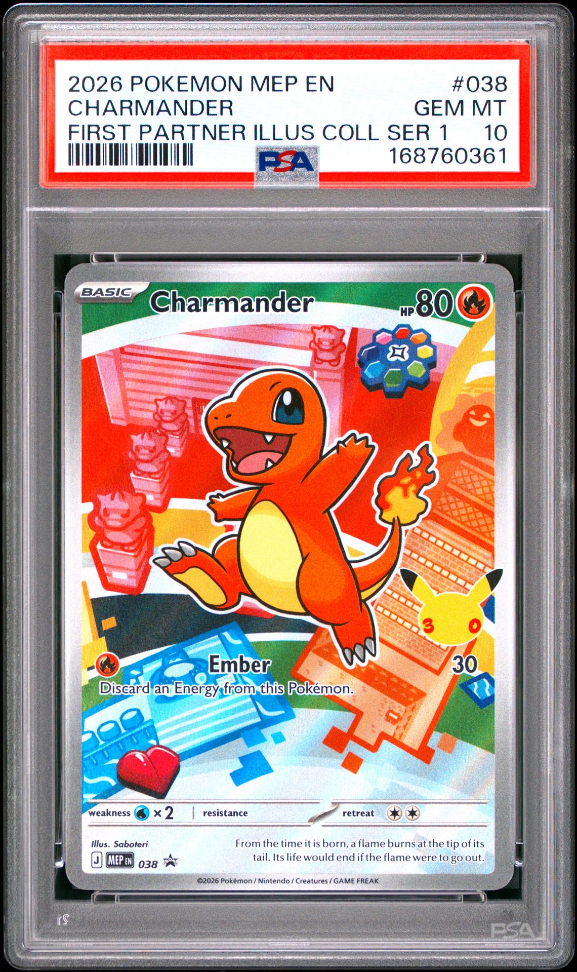 2026 Pokemon Mep En-Me Black Star Promo Charmander #038 (First Partner Illus Coll Ser 1) Gem Mt 10 front view - PSA graded GEM MT 10