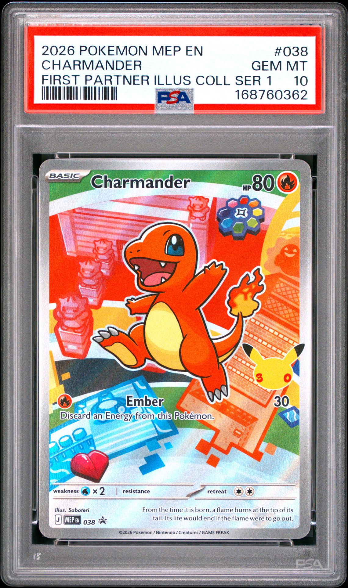 2026 Pokemon Mep En-Me Black Star Promo Charmander #038 (First Partner Illus Coll Ser 1) Gem Mt 10 front view - PSA graded GEM MT 10
