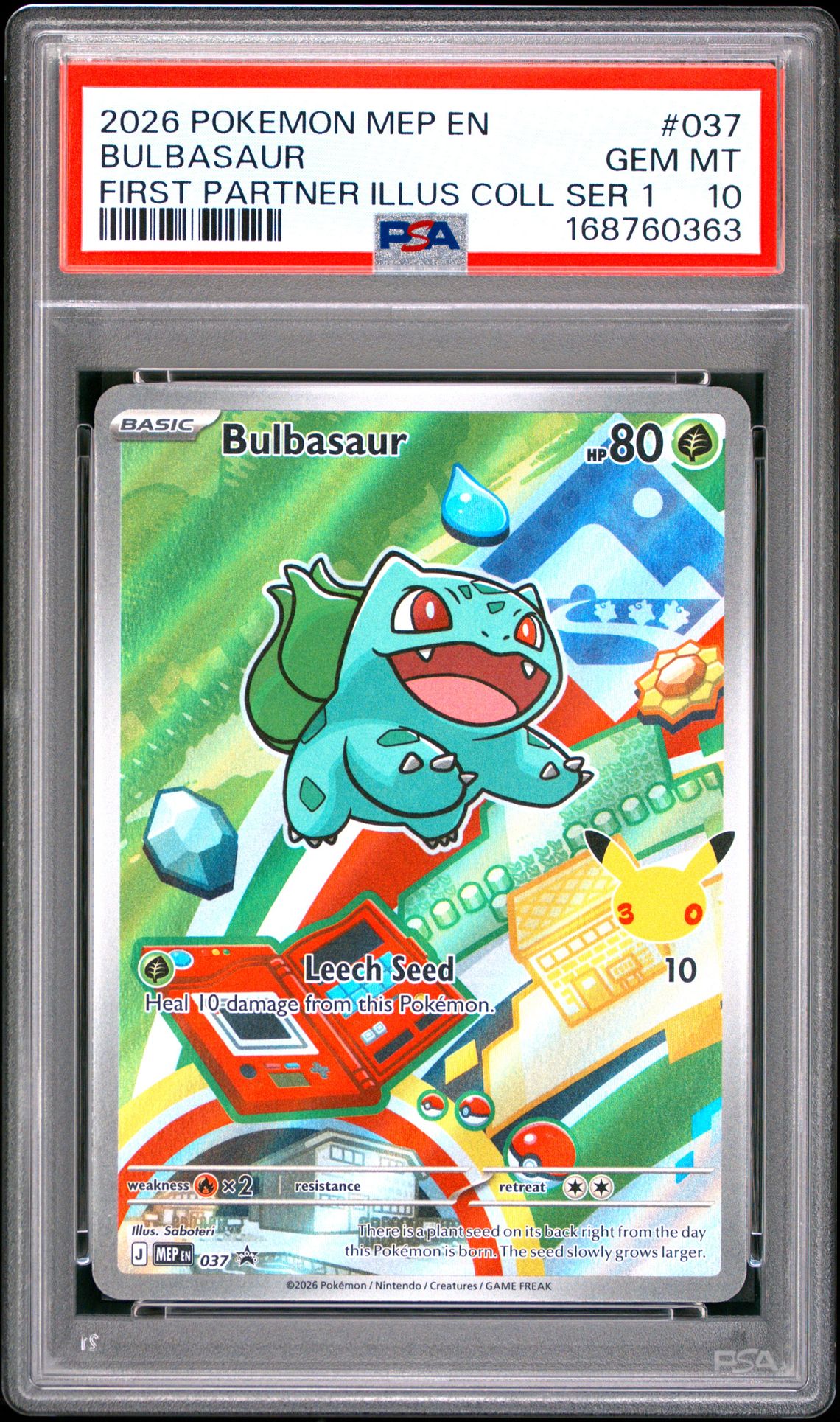 2026 Pokemon Mep En-Me Black Star Promo Bulbasaur #037 (First Partner Illus Coll Ser 1) Gem Mt 10 front view - PSA graded GEM MT 10