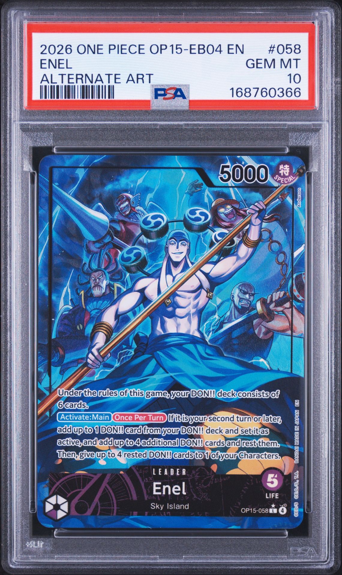 2026 One Piece Op15-Eb04-Adventure On Kami's Island Enel #058 (Alternate Art) Gem Mt 10 front
