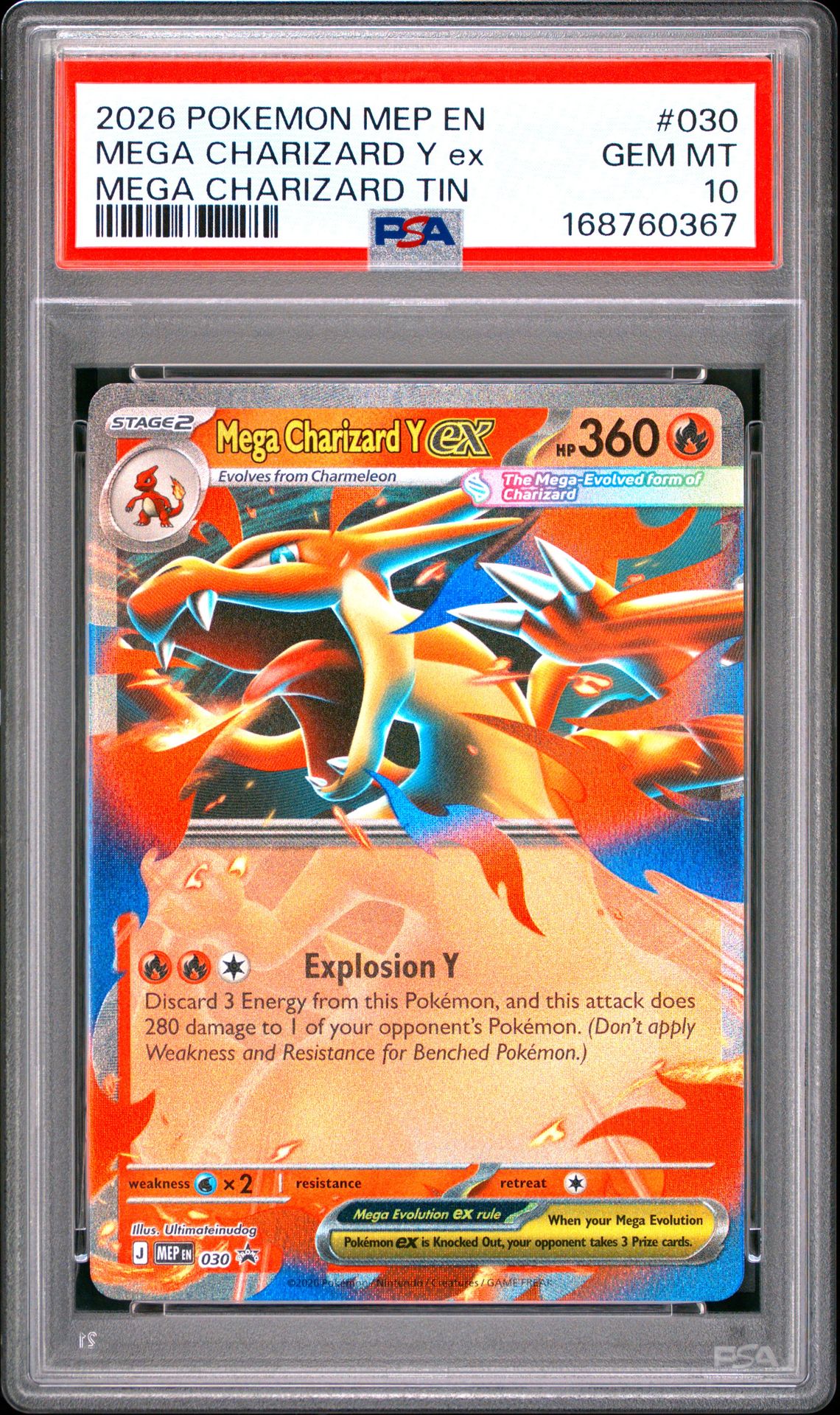 2026 Pokemon Mep En-Me Black Star Promo Mega Charizard Y Ex #030 (Mega Charizard Tin) Gem Mt 10 front view - PSA graded GEM MT 10