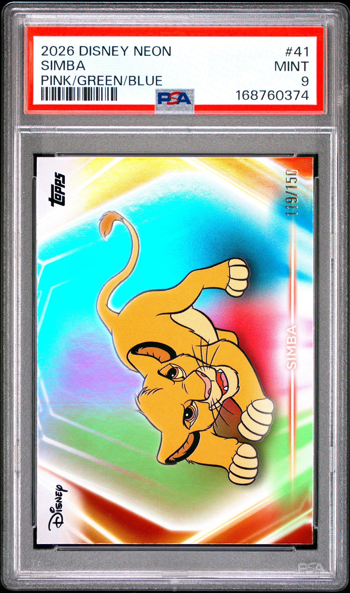 2026 Topps Disney Neon Simba #41 (Pink/Green/Blue) Mint 9 front