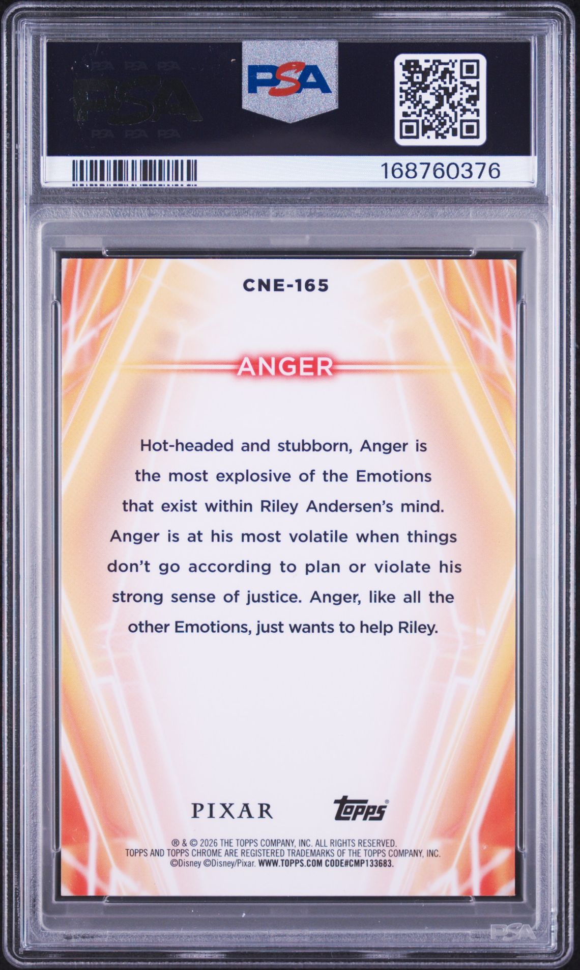 2026 Topps Disney Neon Chrome Neon Etch Anger #Cne-165 (Chr Neon Etch-Gold Shimmer) Gem Mt 10 back view - PSA certificate #168760376