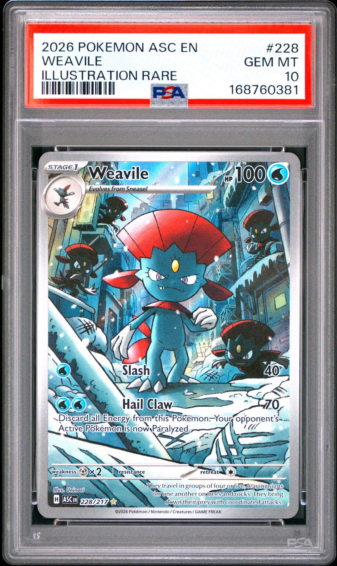 2026 Pokemon Asc En-Ascended Heroes Weavile #228 (Illustration Rare) Gem Mt 10 front view - PSA graded GEM MT 10