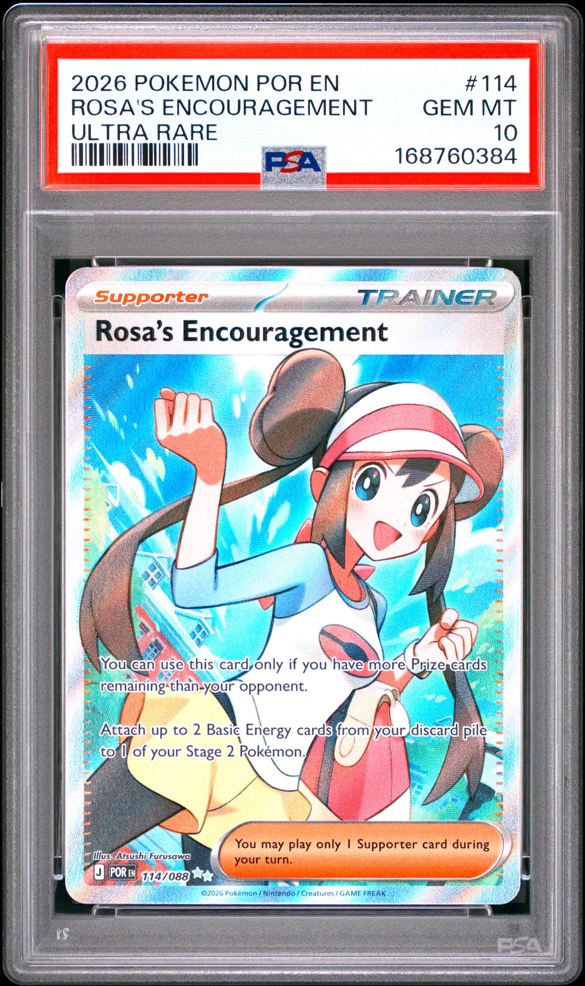 2026 Pokemon Por En-Perfect Order Rosa's Encouragement #114 (Ultra Rare) Gem Mt 10 front view - PSA graded GEM MT 10