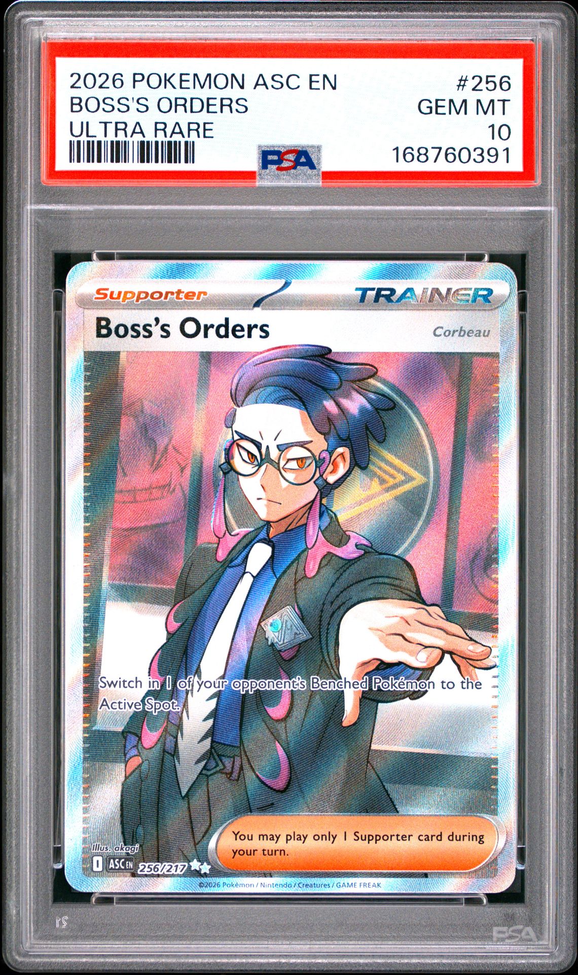 2026 Pokemon Asc En-Ascended Heroes Boss's Orders #256 (Ultra Rare) Gem Mt 10 front view - PSA graded GEM MT 10